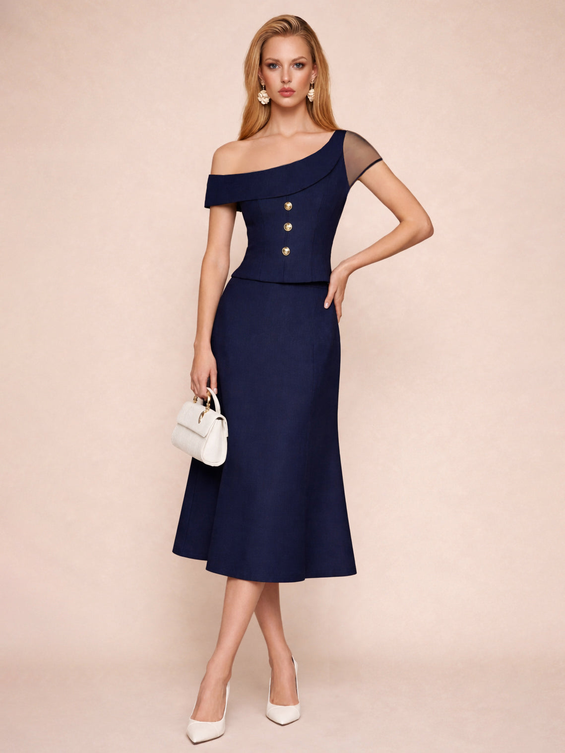 Liserie Elegant One-Shoulder Blouse & Flare Midi Skirt Set