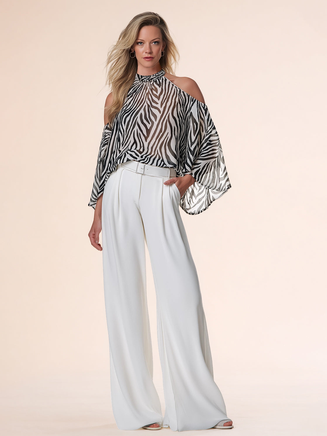 Liserie ChiffonZebra Print Blouse & Wide Leg Pants Set