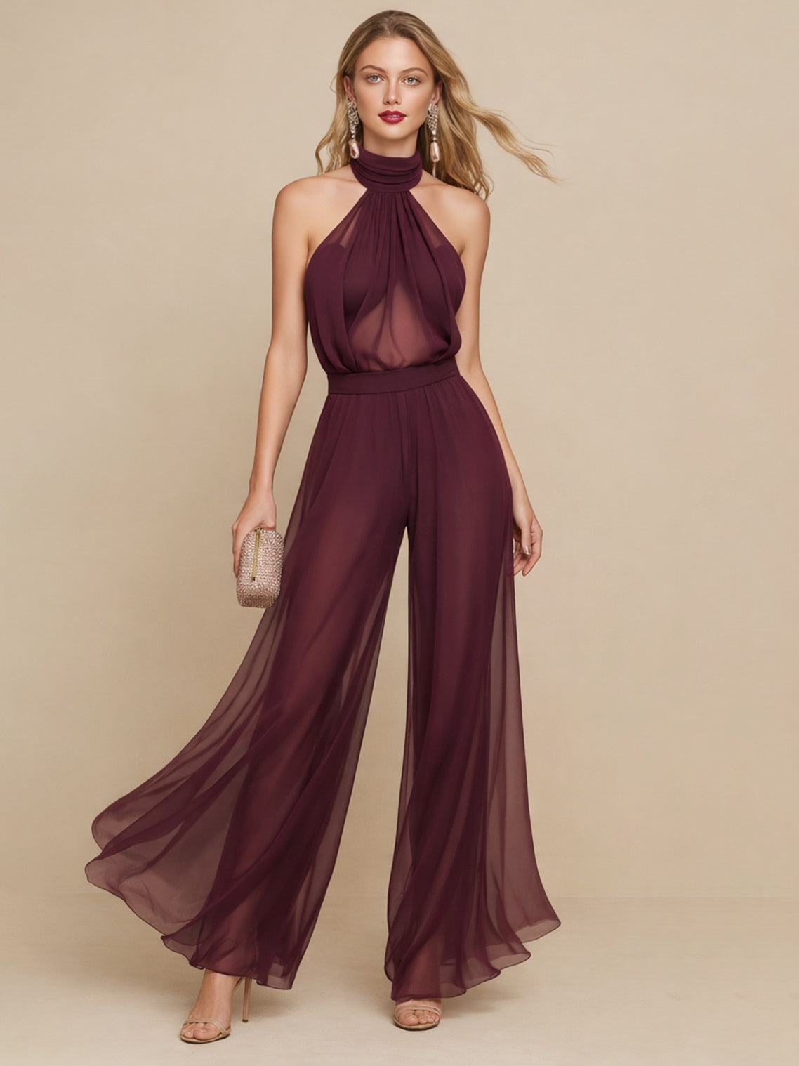 Liserie Chiffon Halter Neck Top & Wide Leg Pant Evening Set
