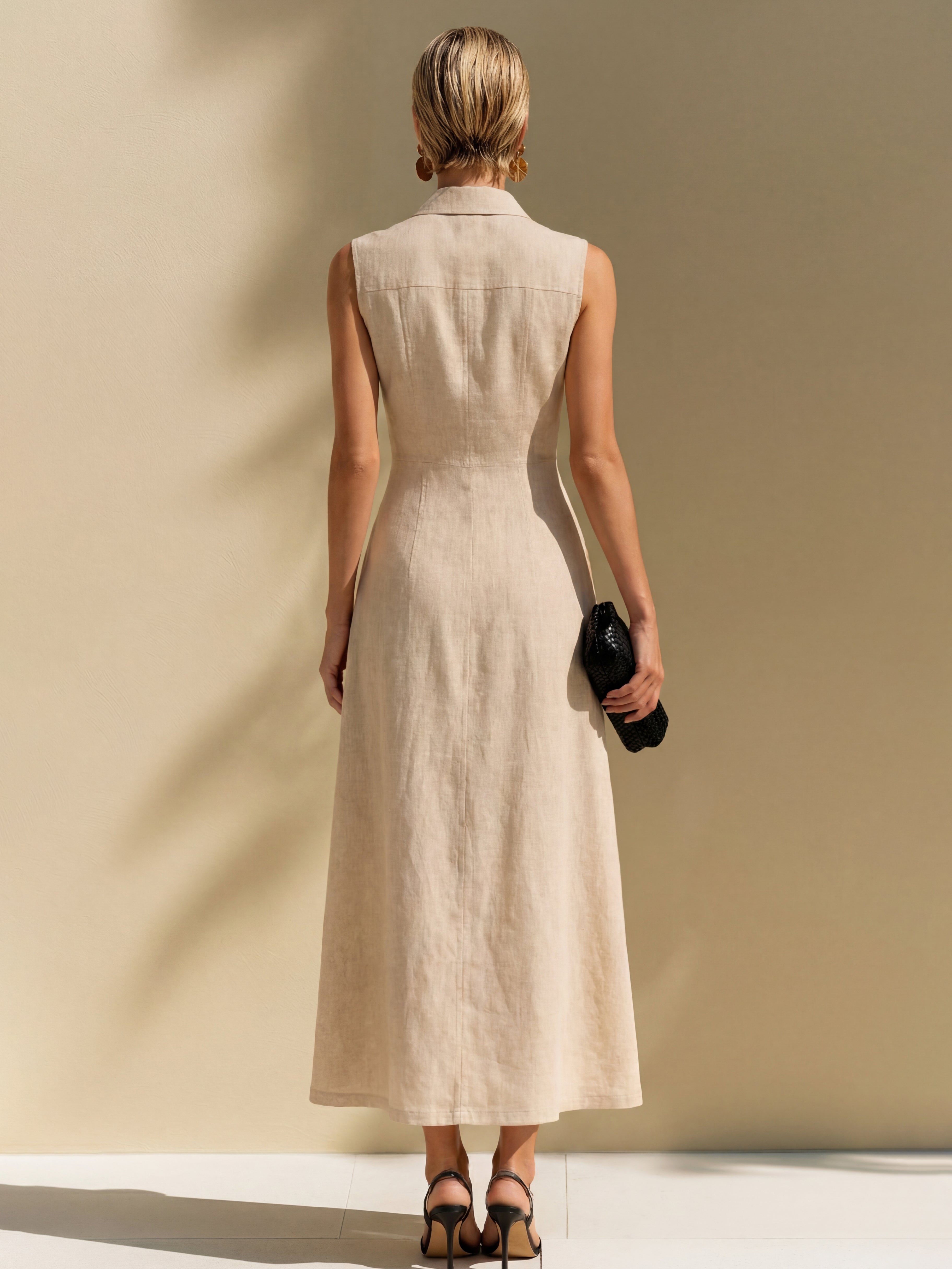 Liserie Cotton Linen Tailored Sleeveless Shirt Midi Dress