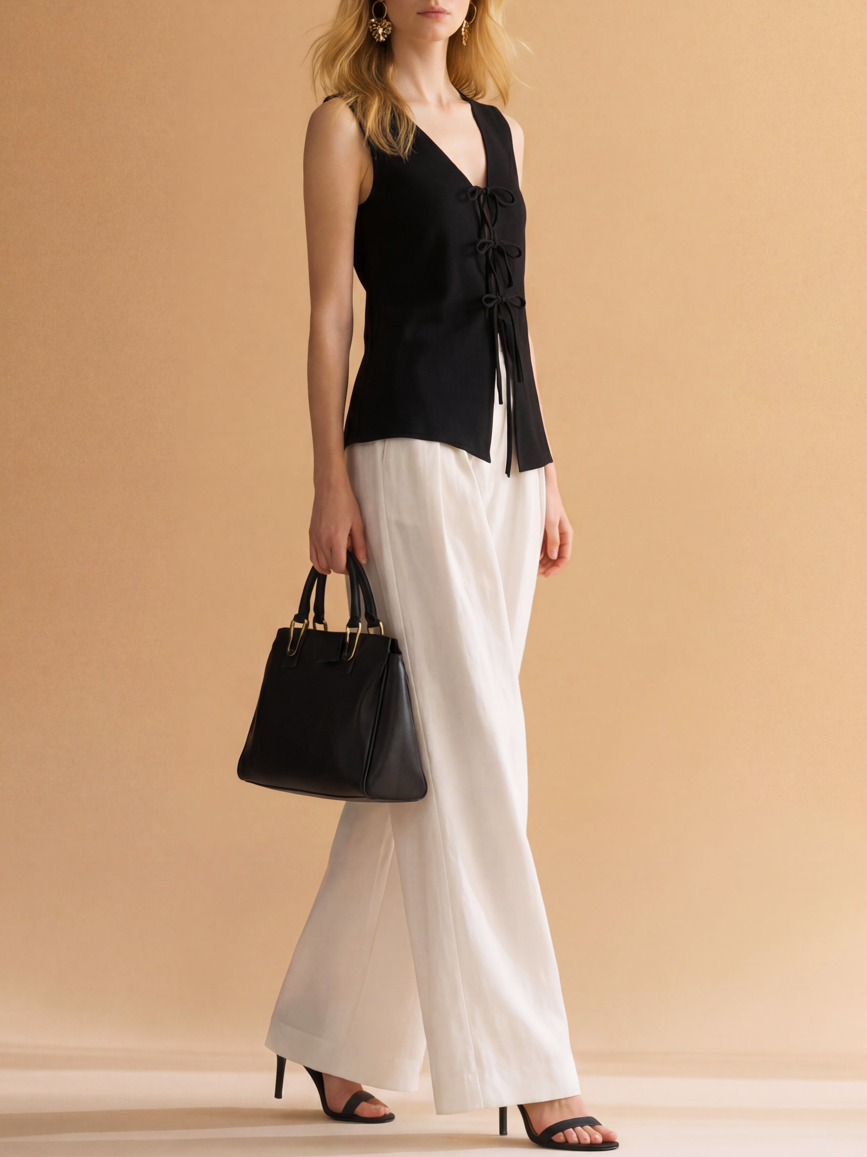 Liserie Cotton Linen Lace-Up Blouse & Wide Leg Trousers