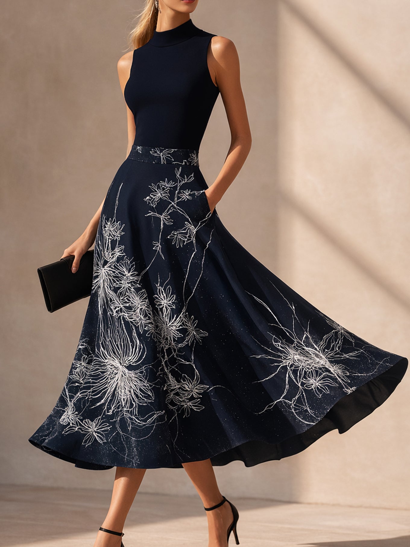 Liserie Linen Contrast High-Neck Sleeveless Midi Dress