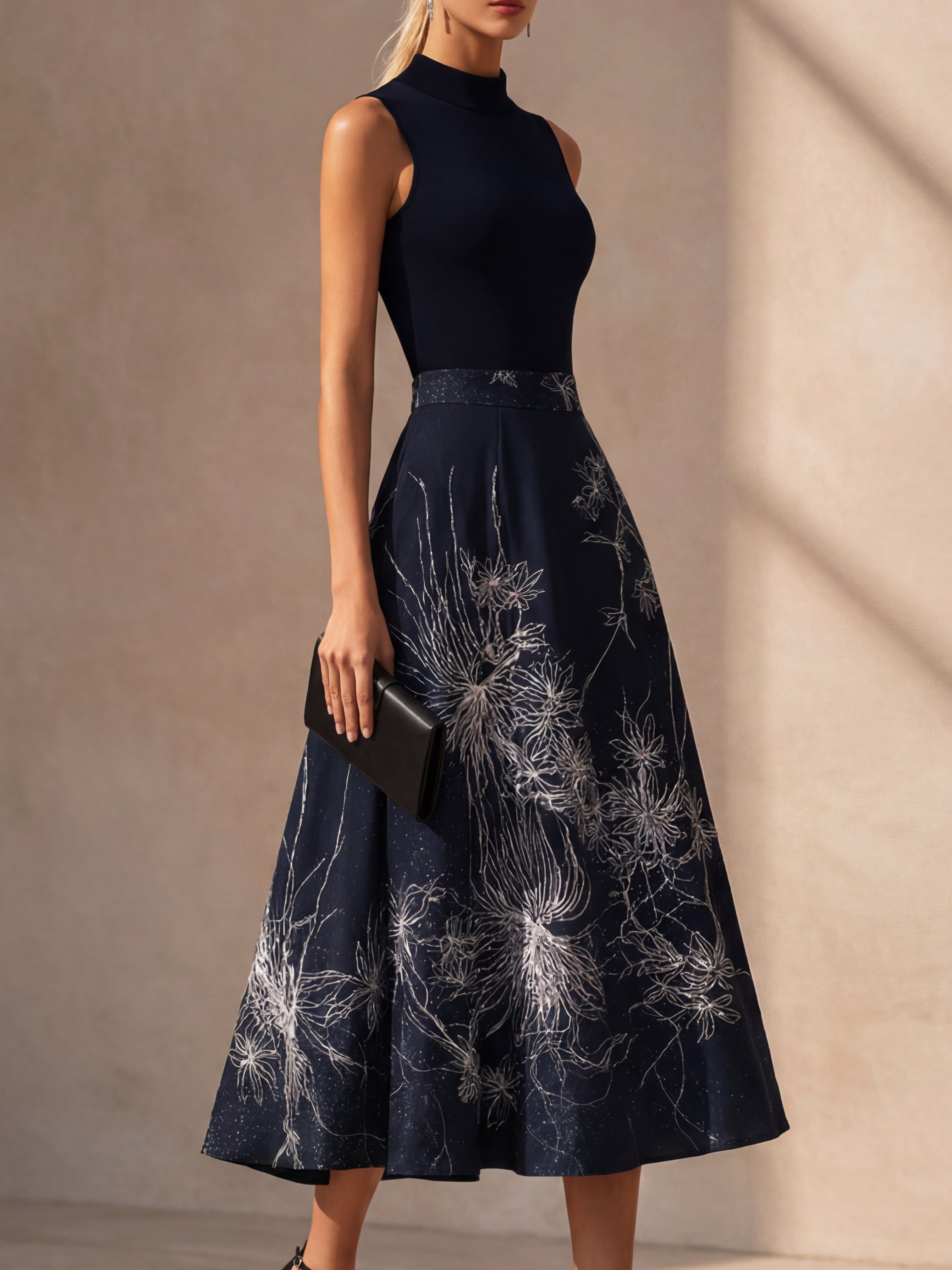 Liserie Linen Contrast High-Neck Sleeveless Midi Dress