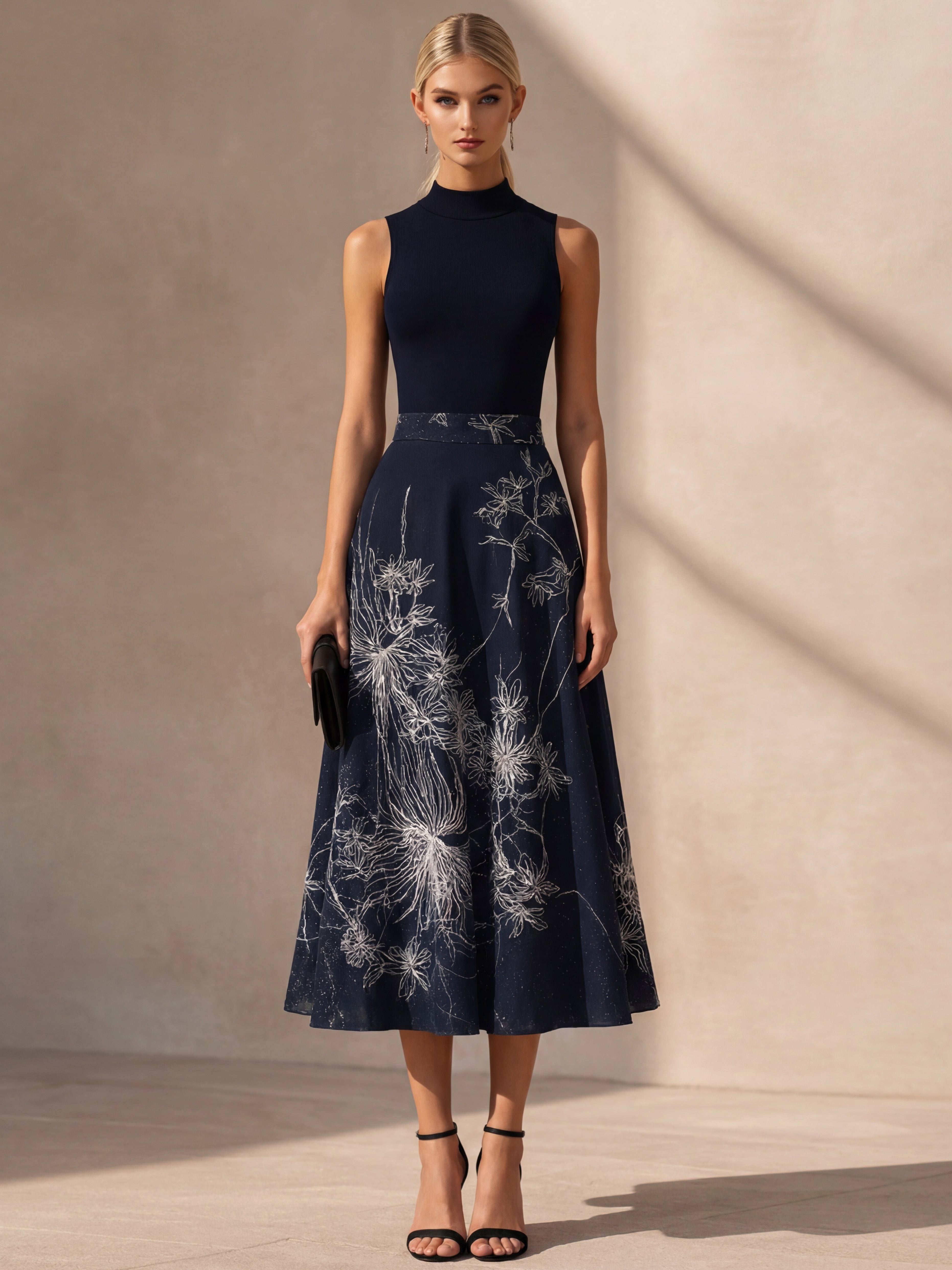 Liserie Linen Contrast High-Neck Sleeveless Midi Dress