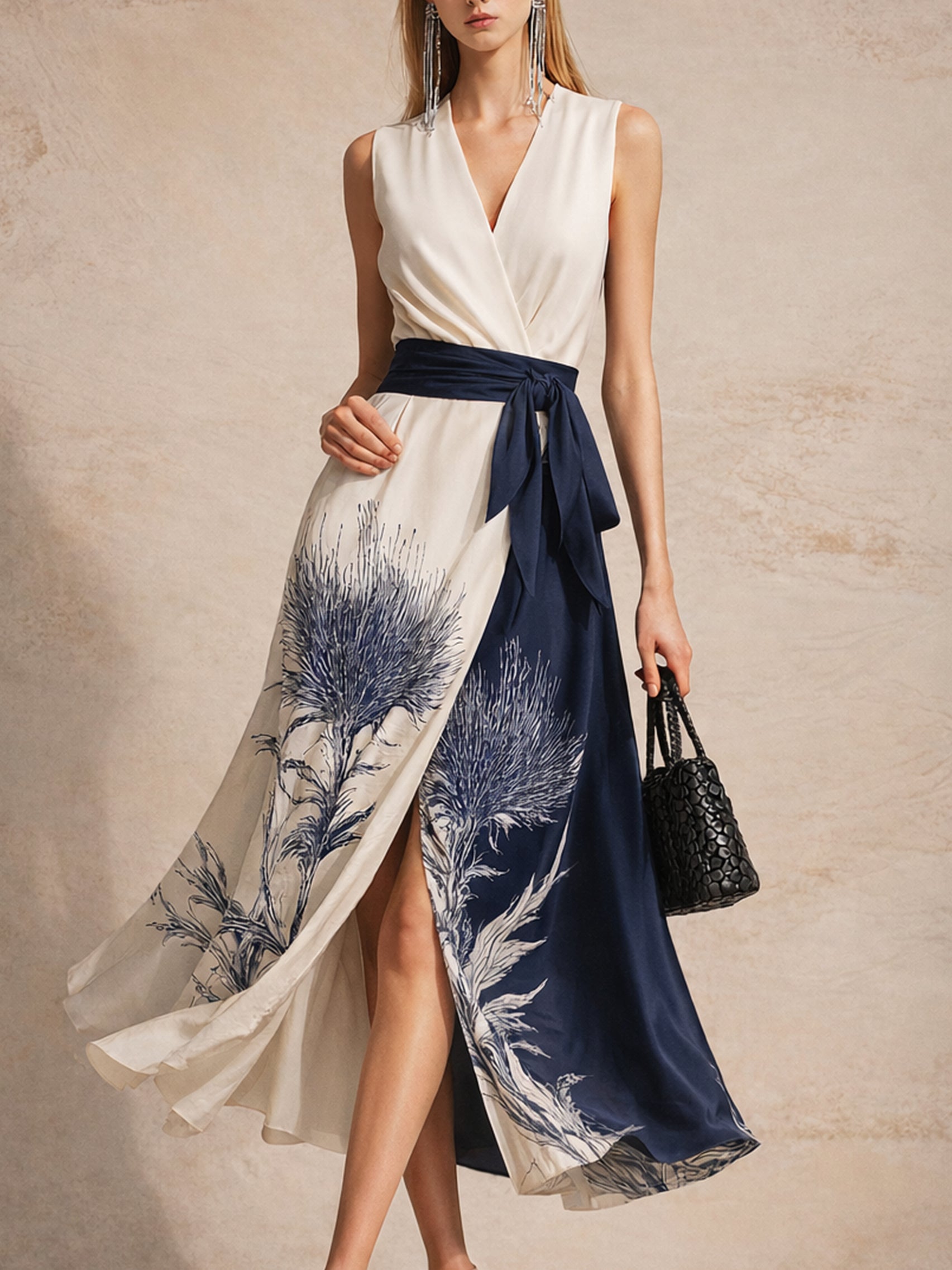 Liserie Satin Print Tie-Waist Sleeveless Midi Dress