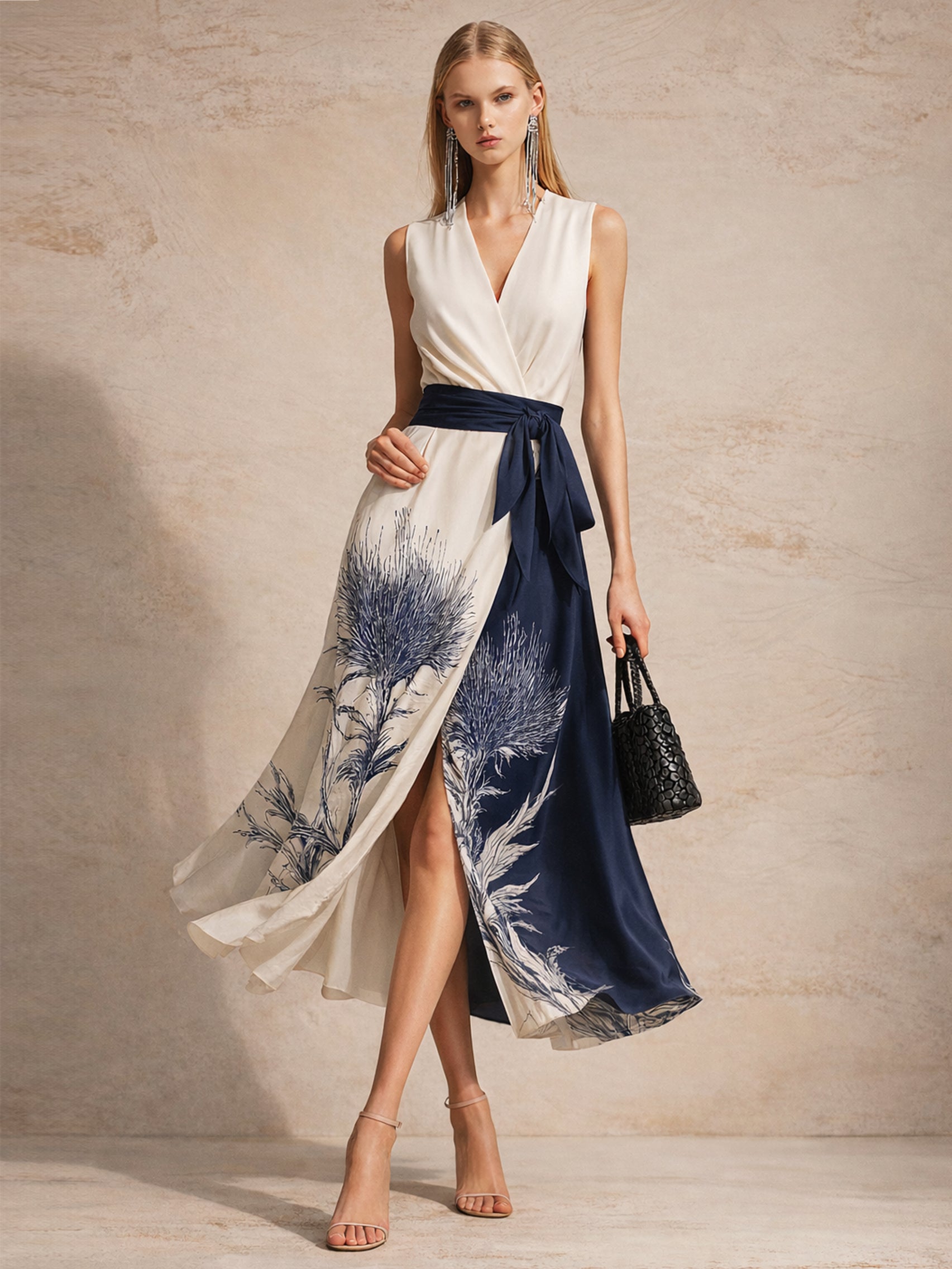 Liserie Satin Print Tie-Waist Sleeveless Midi Dress