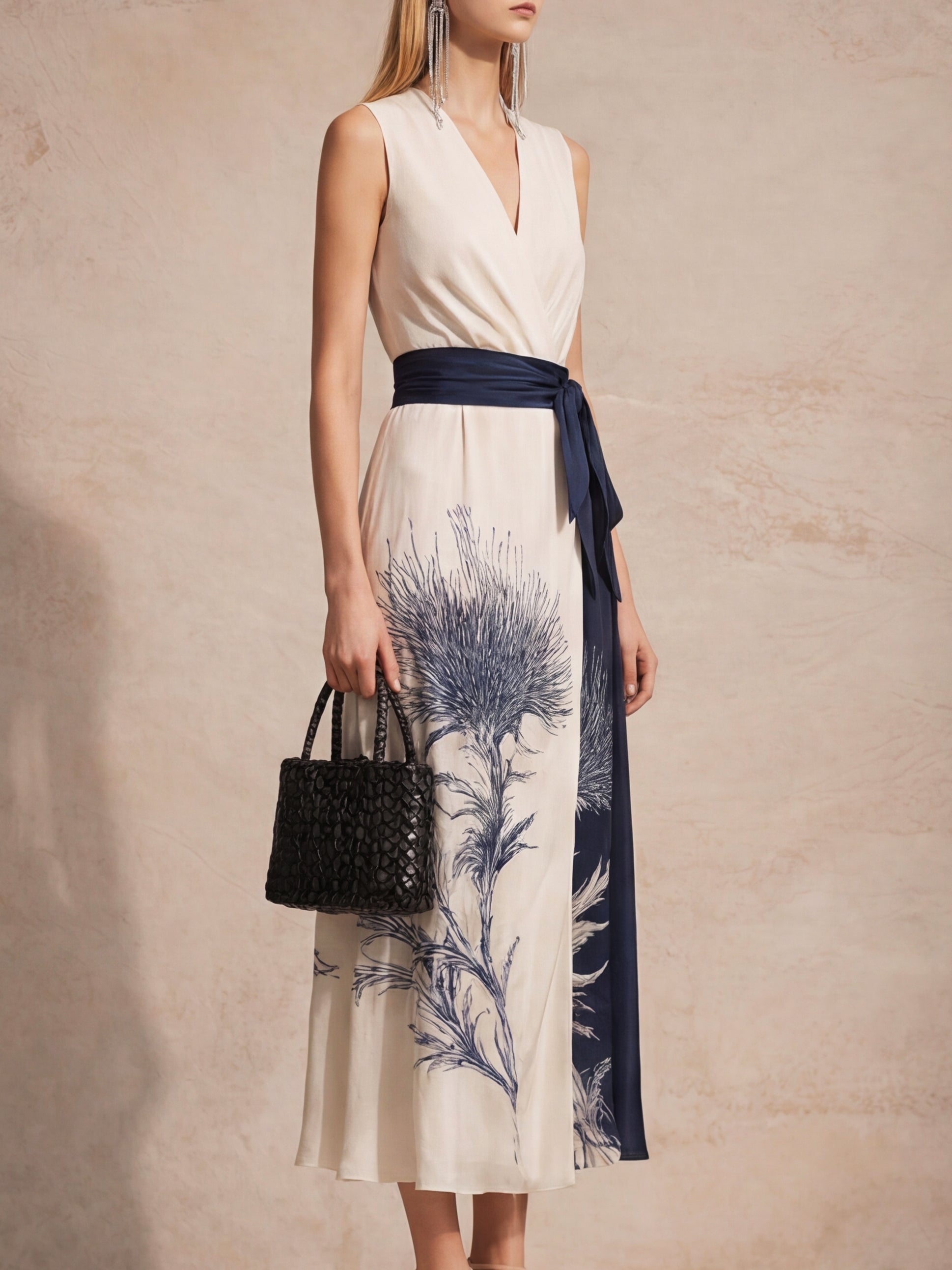 Liserie Satin Print Tie-Waist Sleeveless Midi Dress