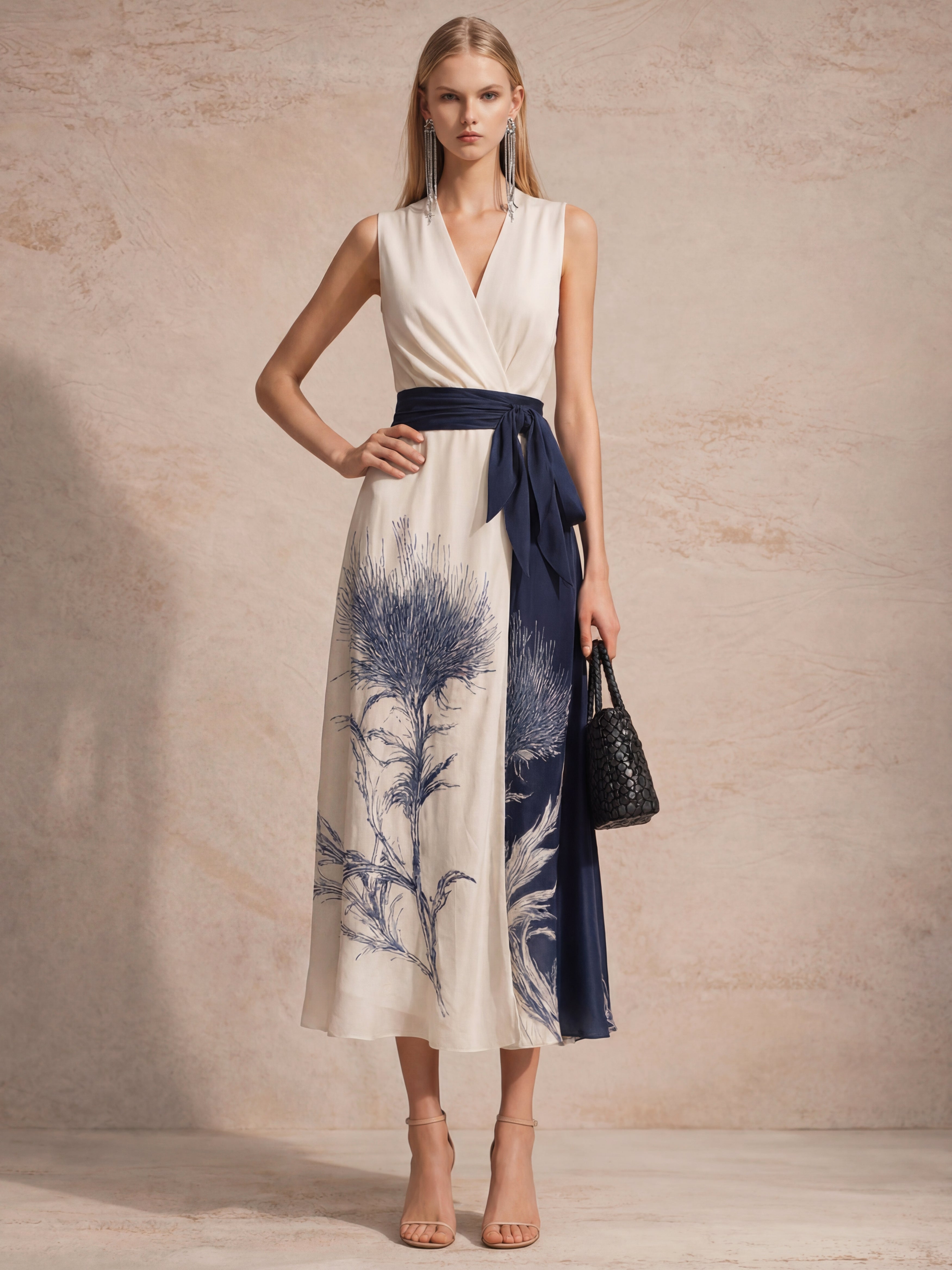 Liserie Satin Print Tie-Waist Sleeveless Midi Dress