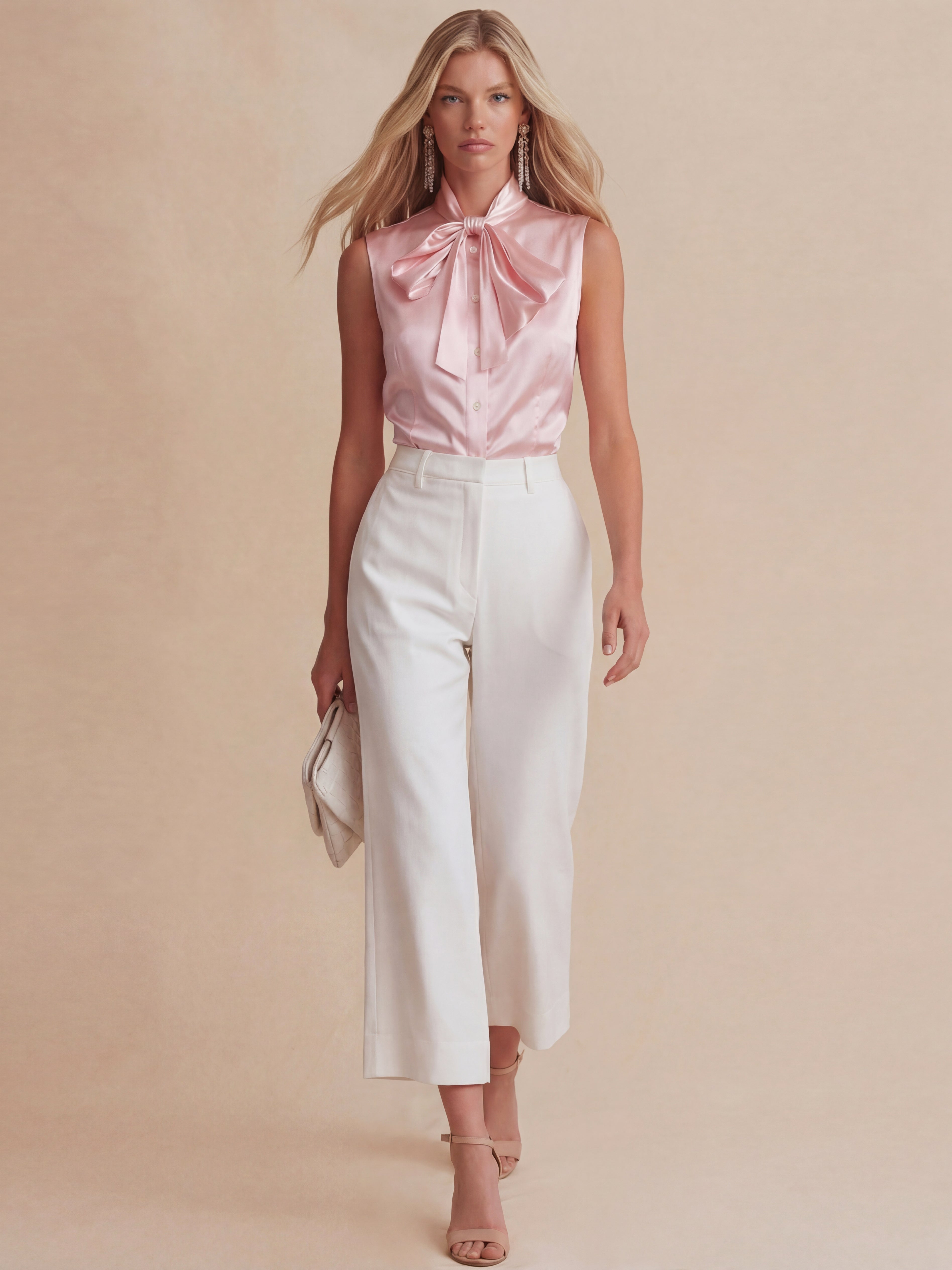 Liserie Satin Bow Blouse & White Capri Trousers Set