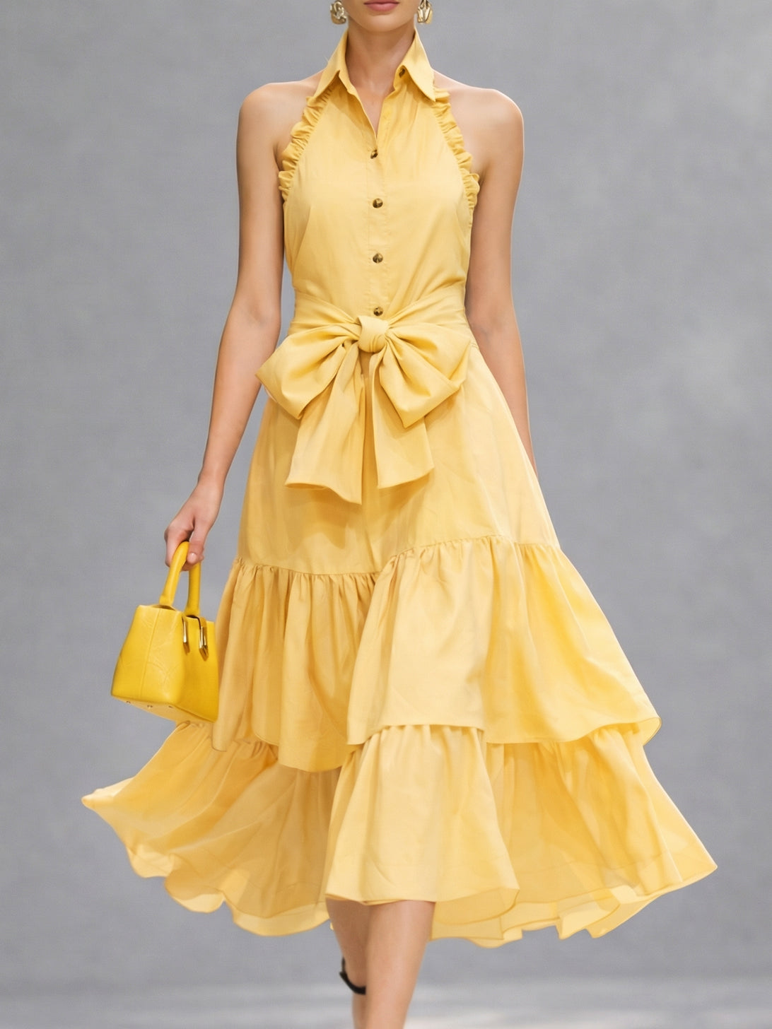 Liserie Cotton Ruffle Halter Tiered Midi Dress