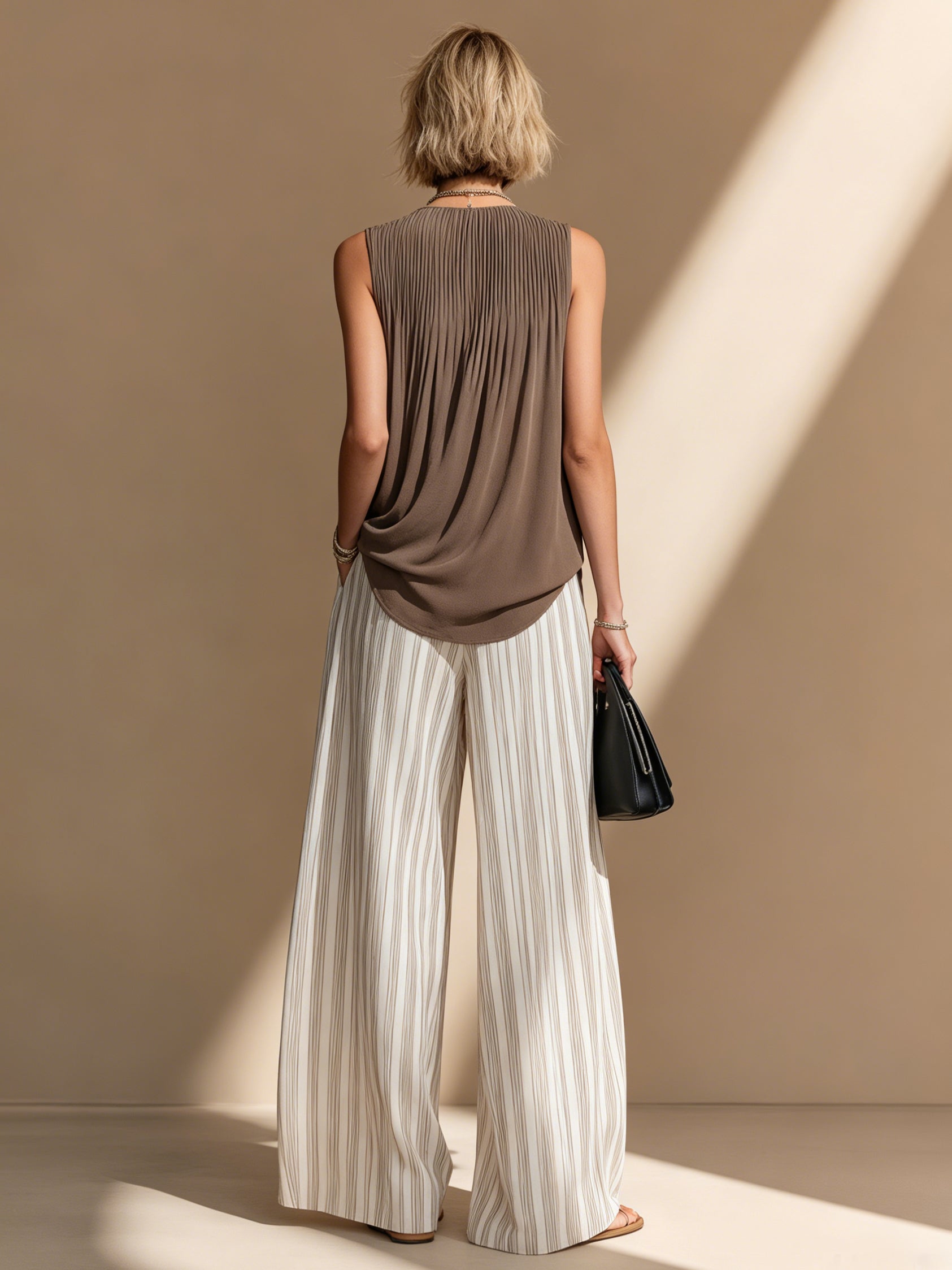 Liserie Pleated Sleeveless Top & Wide-Leg Trousers Set