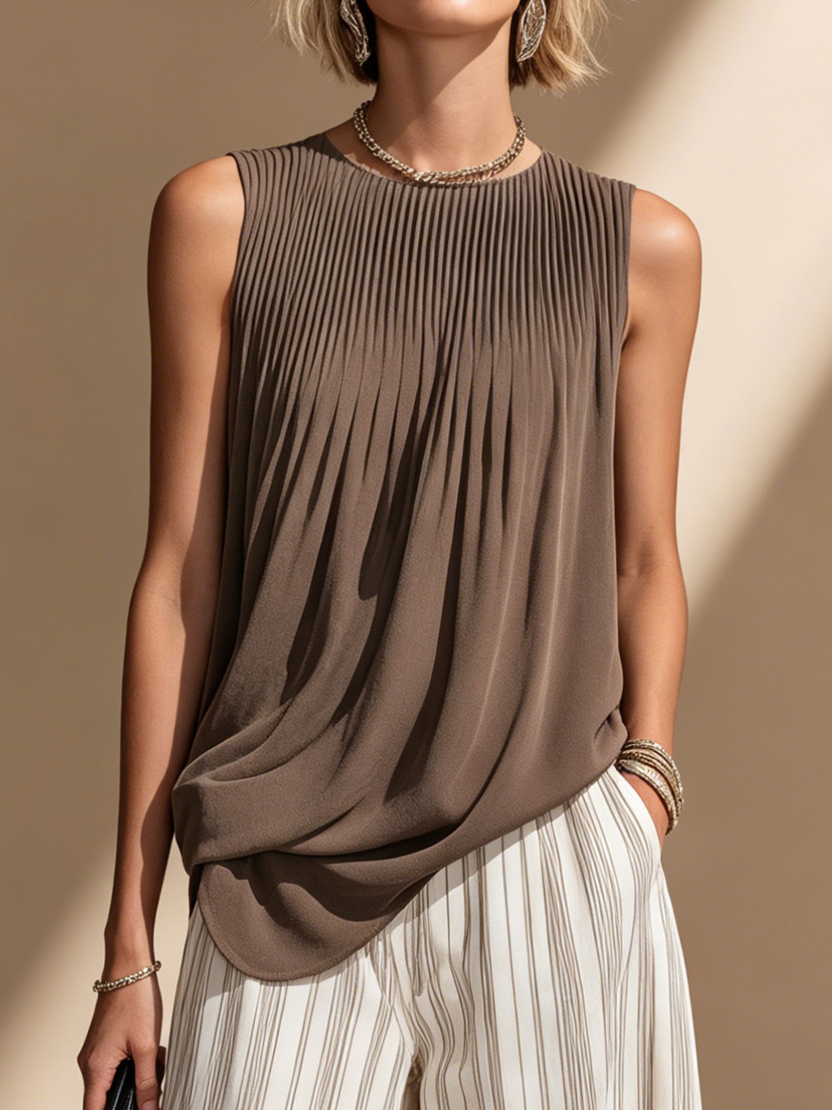 Liserie Pleated Sleeveless Top & Wide-Leg Trousers Set