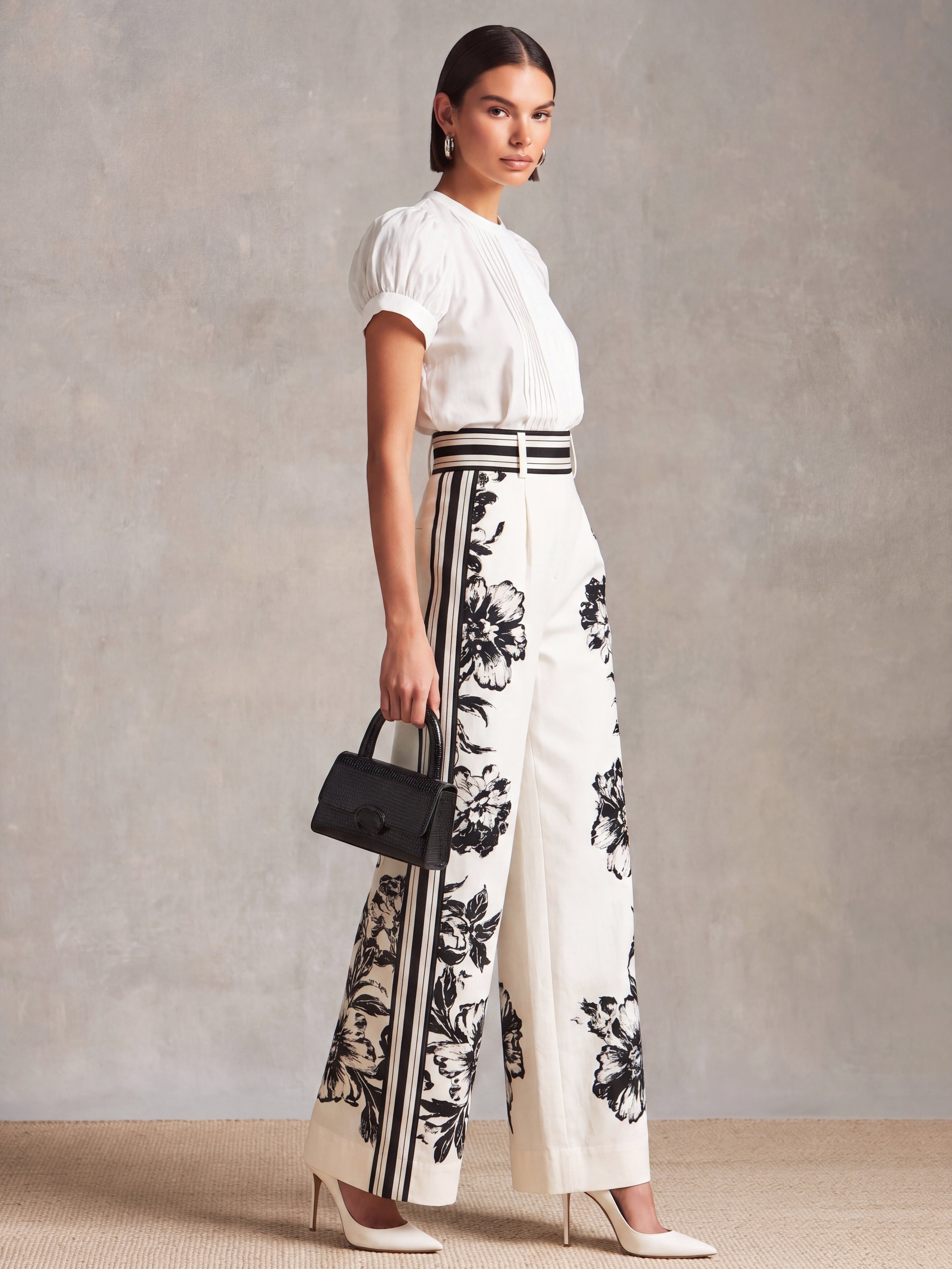 Liserie White Pleated Blouse & Floral Printed Wide Leg Pants Set