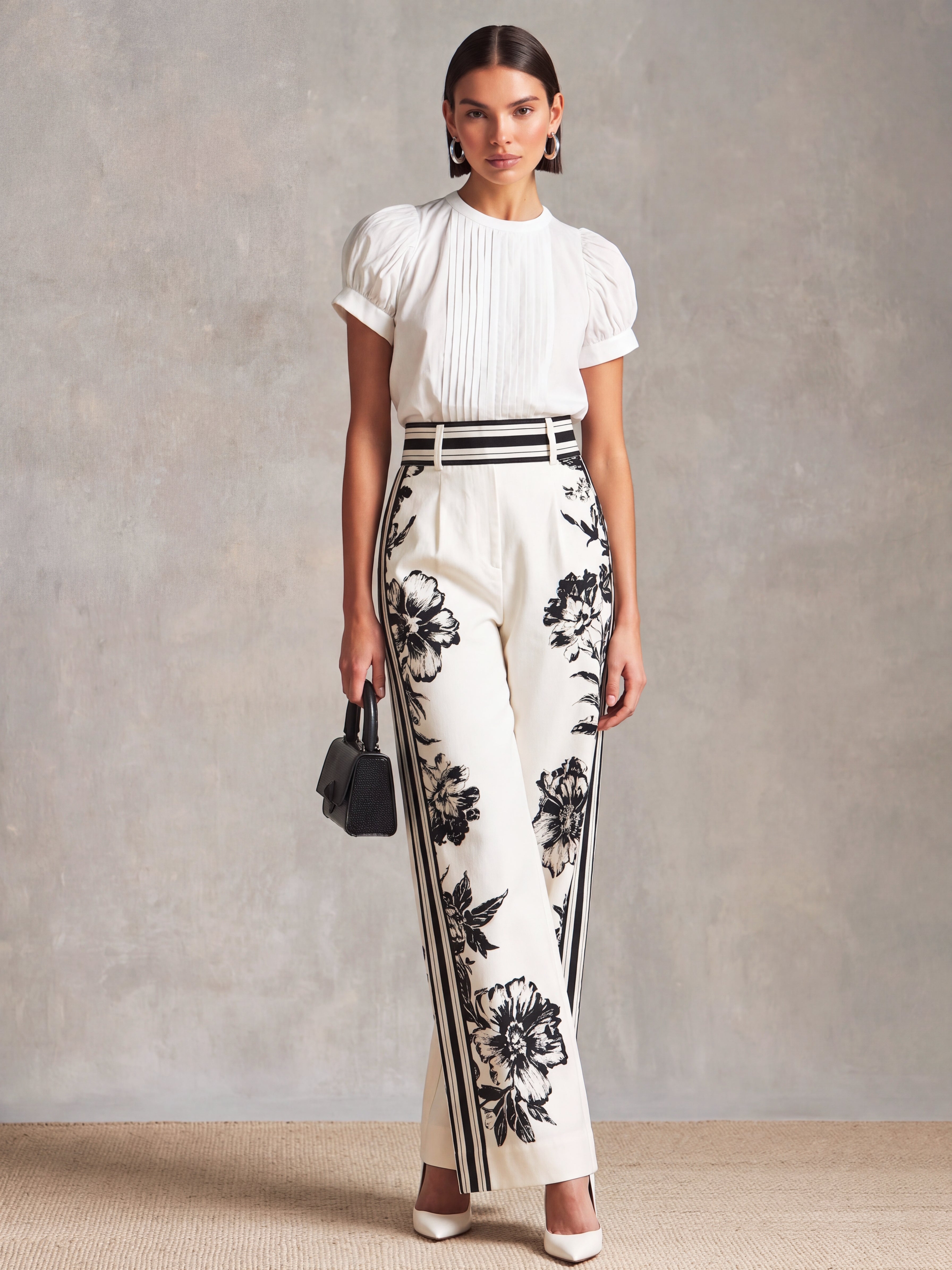 Liserie White Pleated Blouse & Floral Printed Wide Leg Pants Set