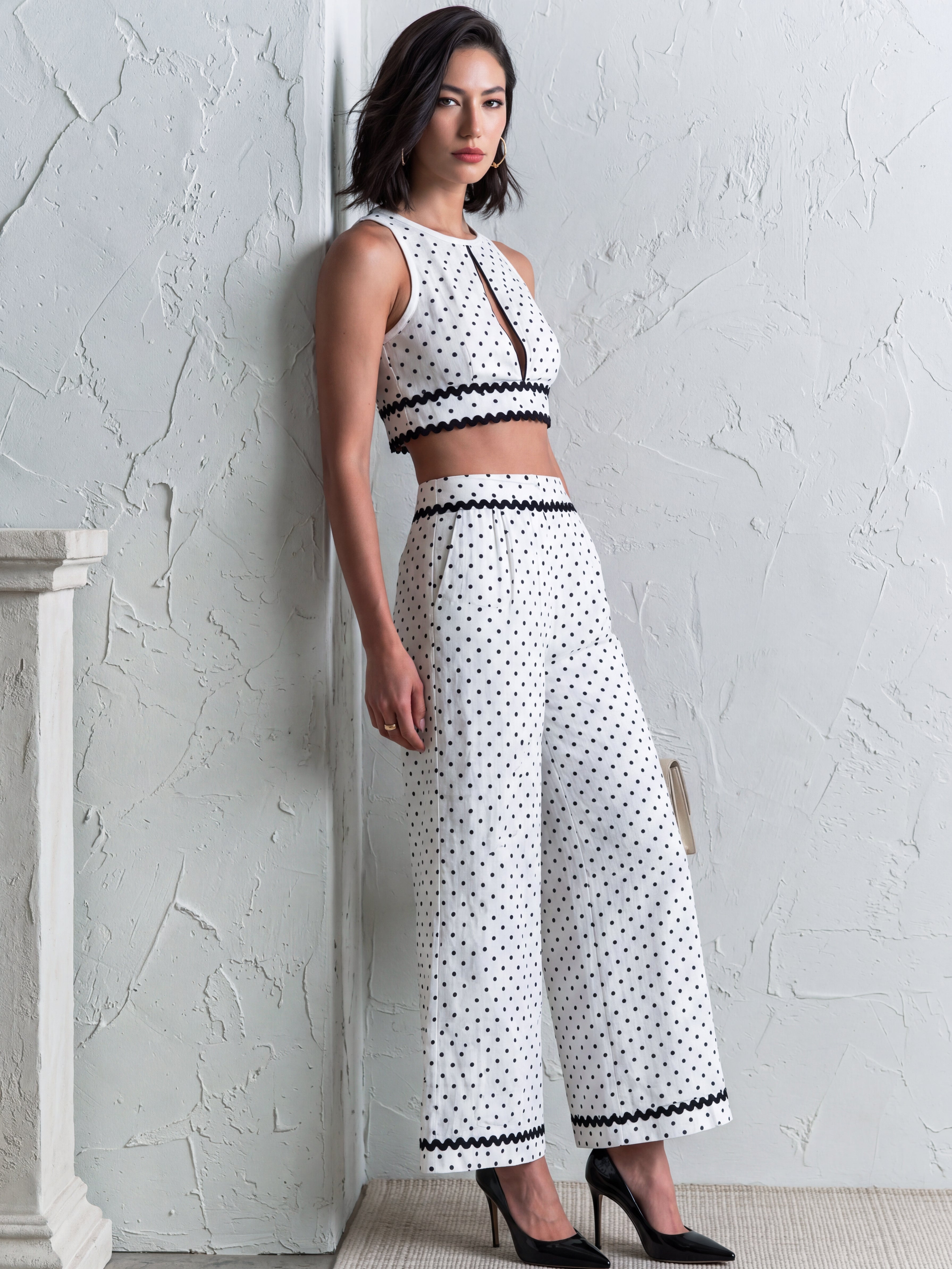 Liserie Polka Dot Co-Ord With Keyhole Crop Top & Wide Leg Trousers
