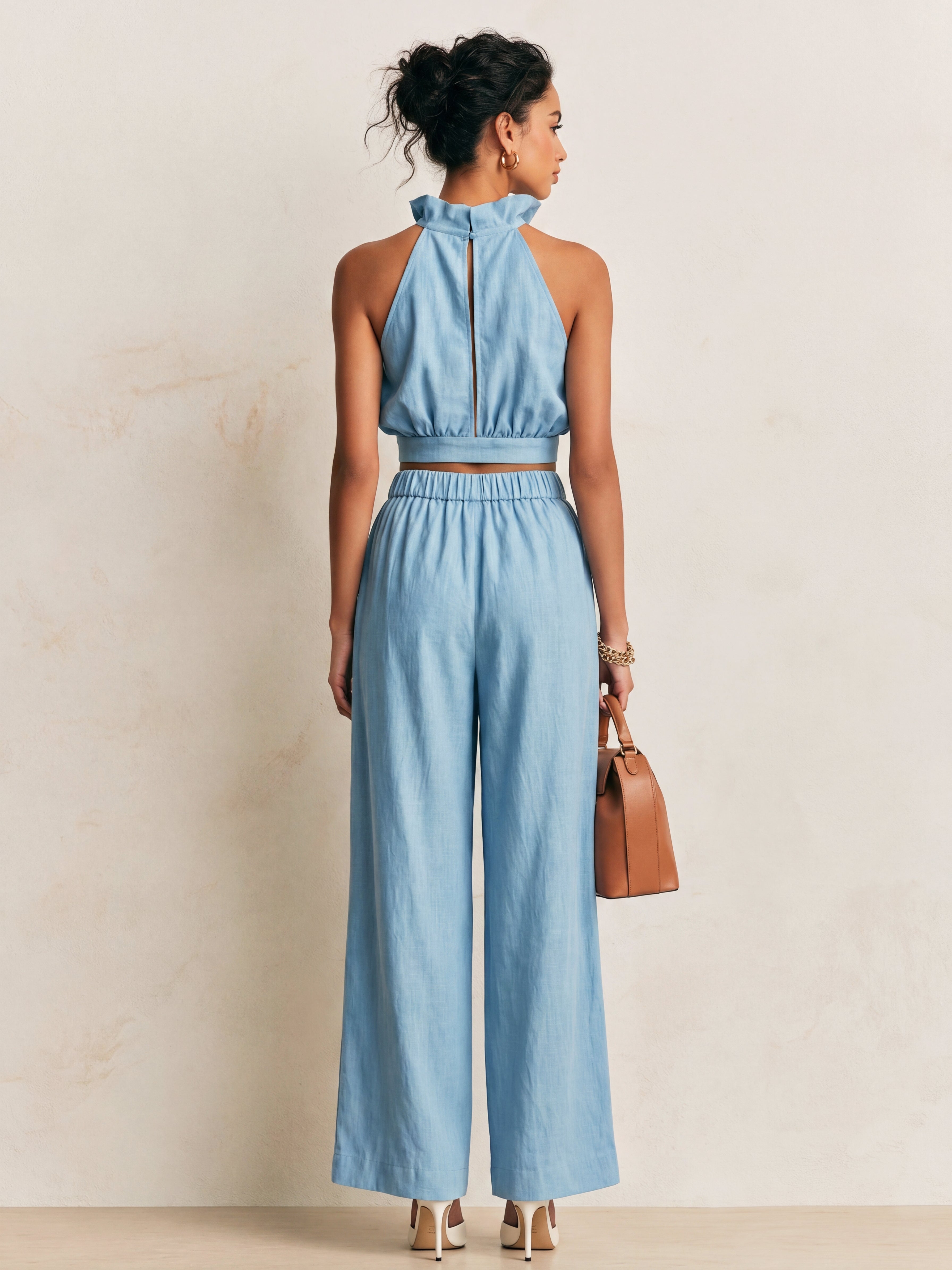 Liserie Light Blue Ruffled Halter Top & Elastic Waist Wide Leg Trousers Set
