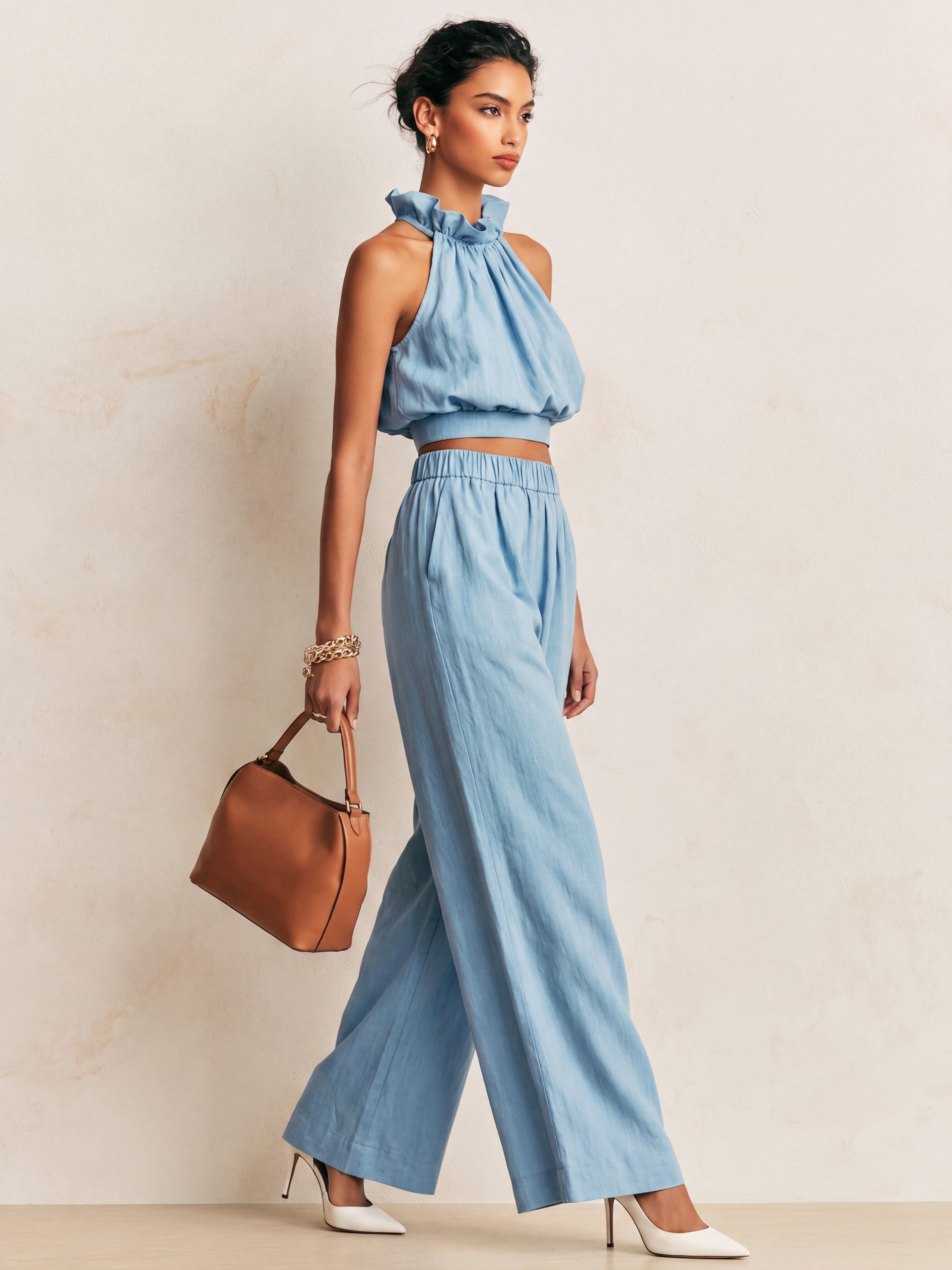 Liserie Light Blue Ruffled Halter Top & Elastic Waist Wide Leg Trousers Set