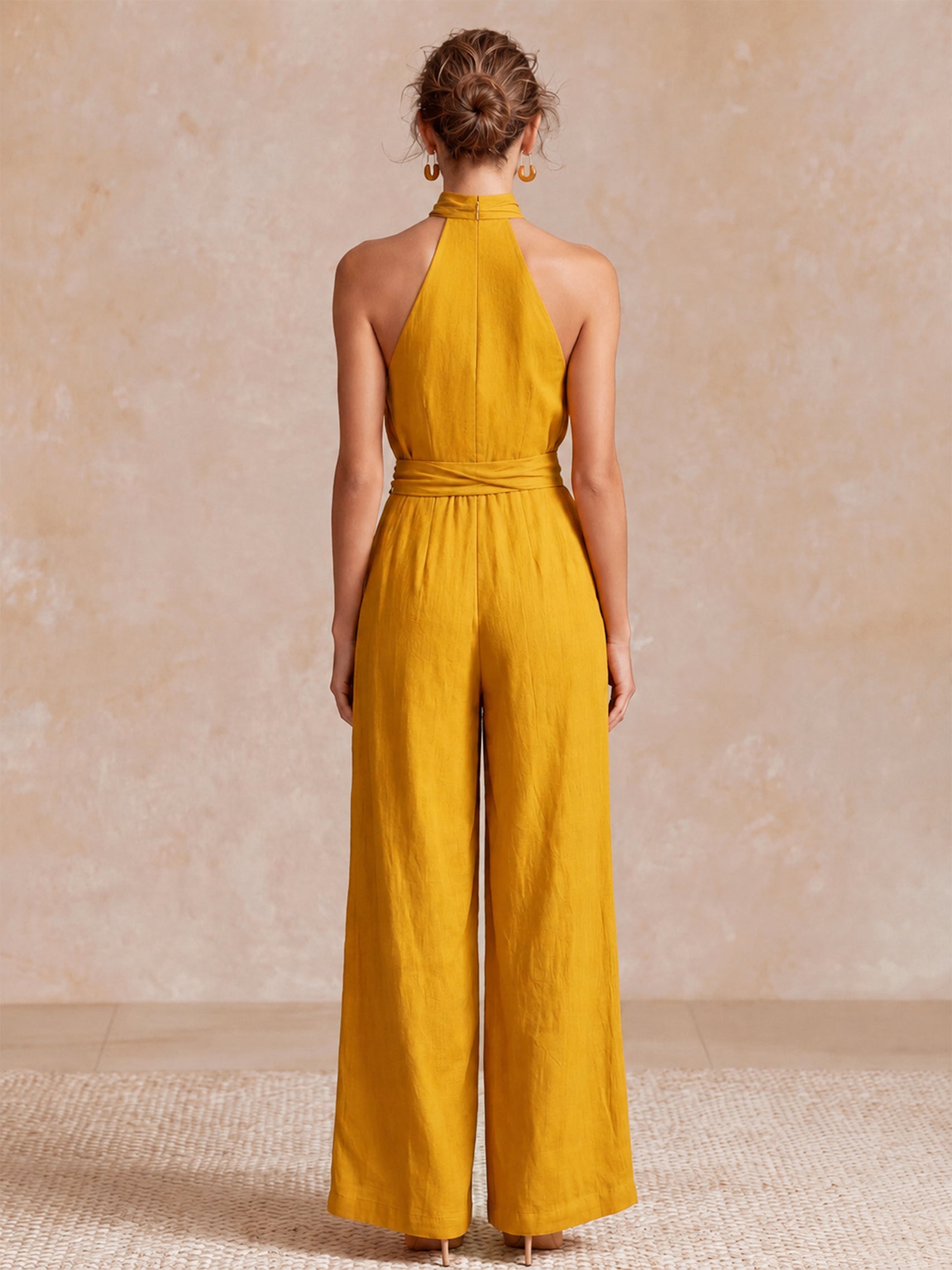 Liserie Linen Yellow Halter Jumpsuit With Self-Tie Neck & Waist Sash