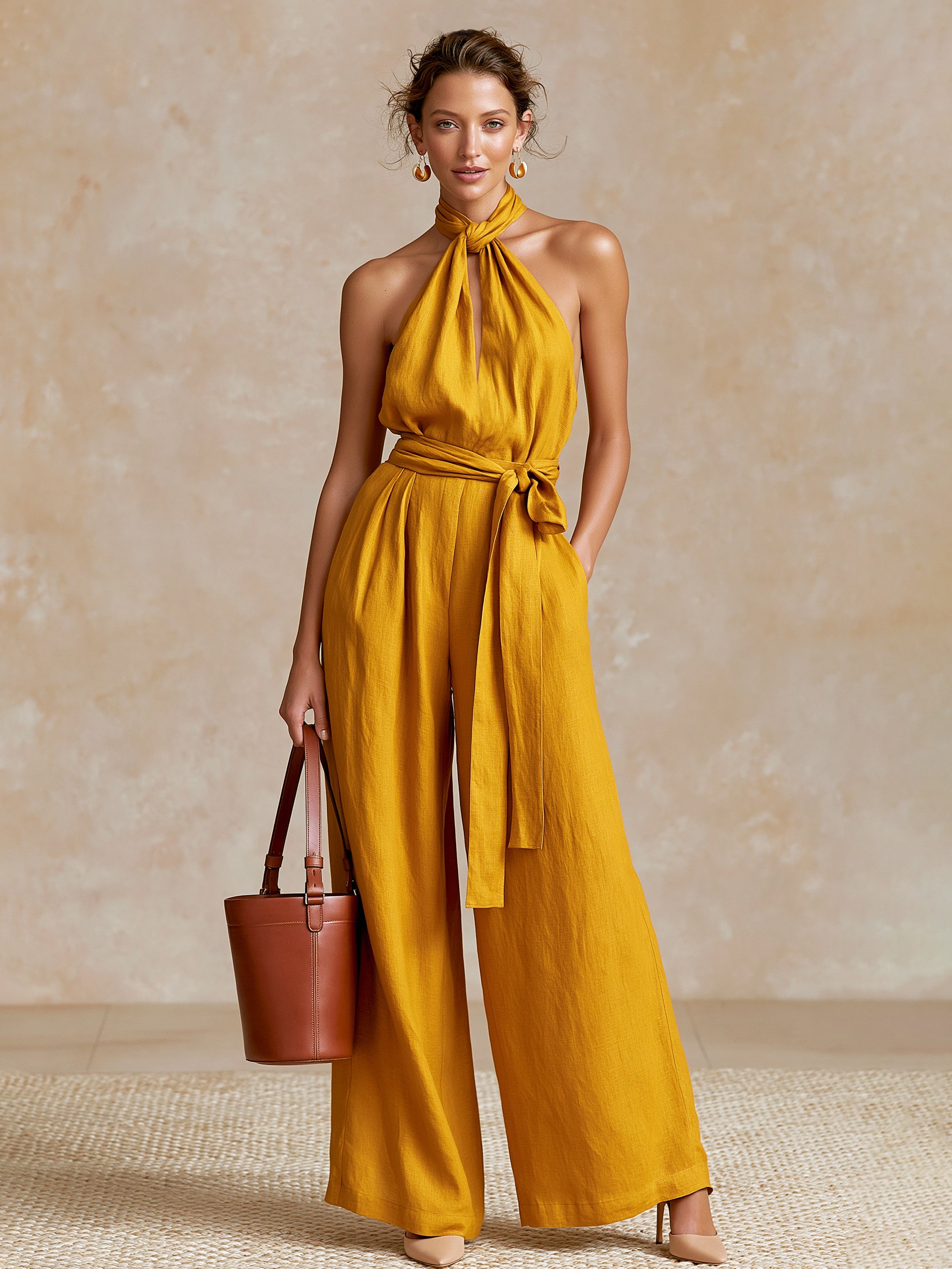 Liserie Linen Yellow Halter Jumpsuit With Self-Tie Neck & Waist Sash