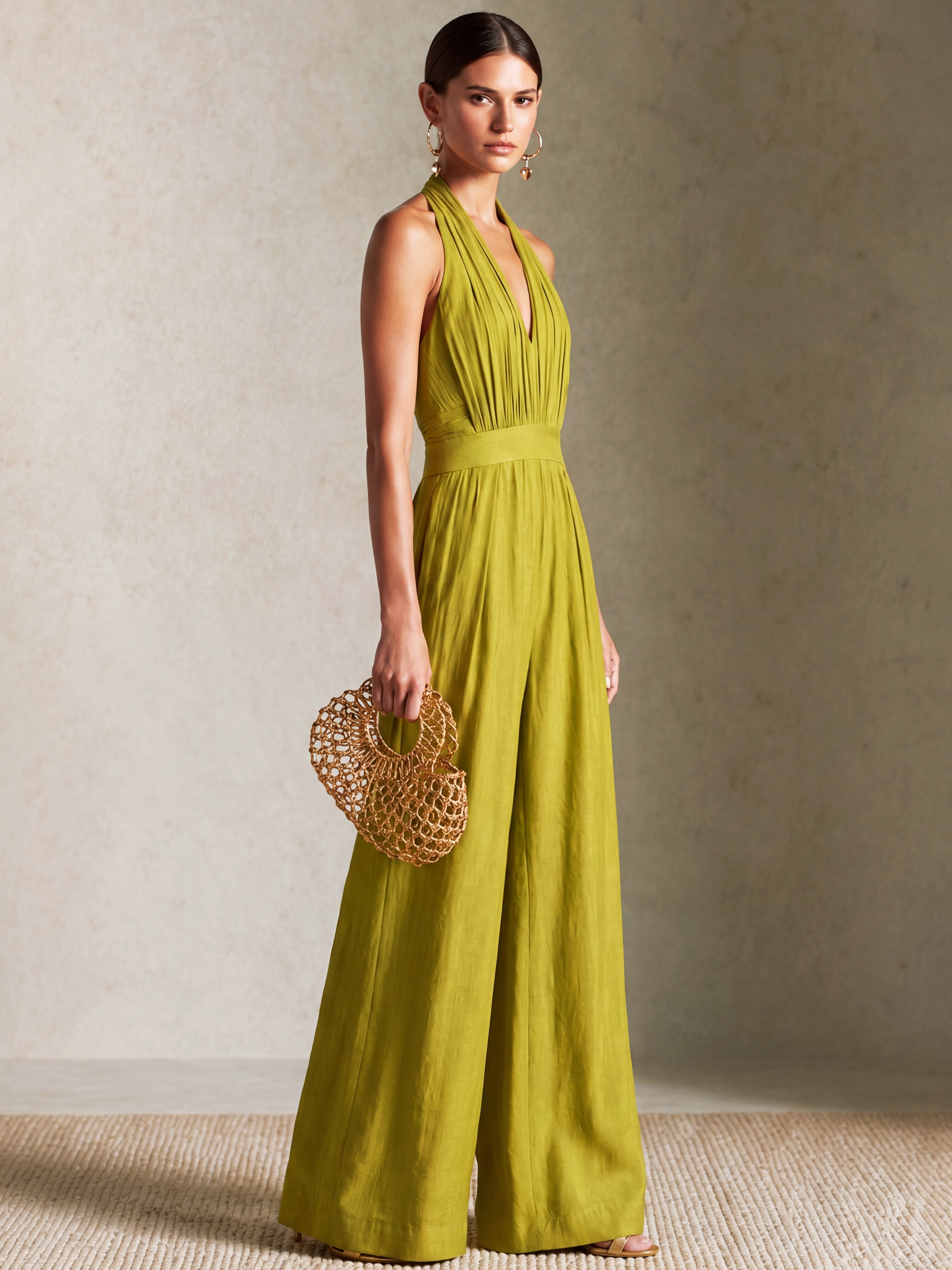 Liserie Linen Olive Green Halter Neck Wide-Leg Jumpsuit