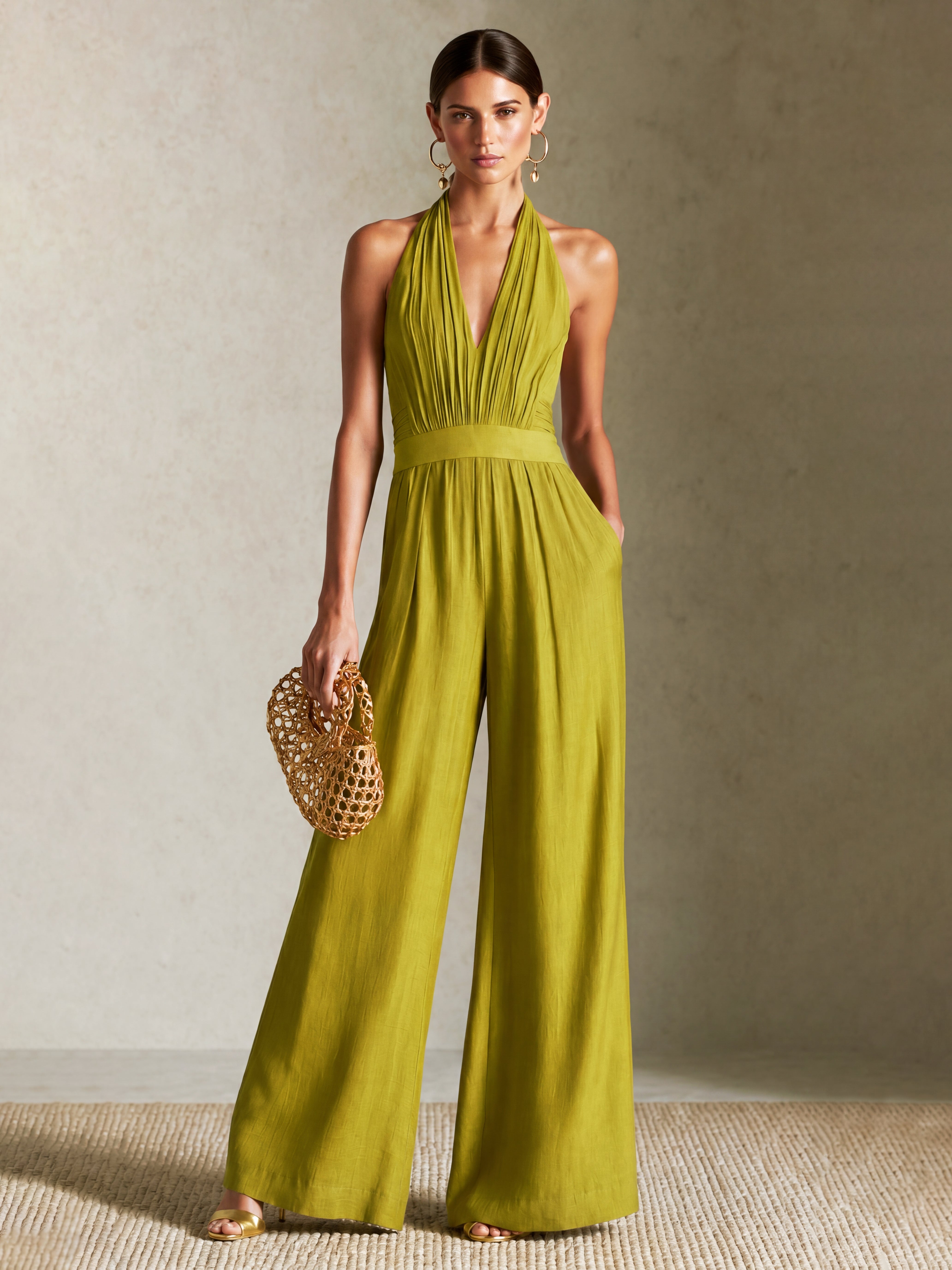 Liserie Linen Olive Green Halter Neck Wide-Leg Jumpsuit