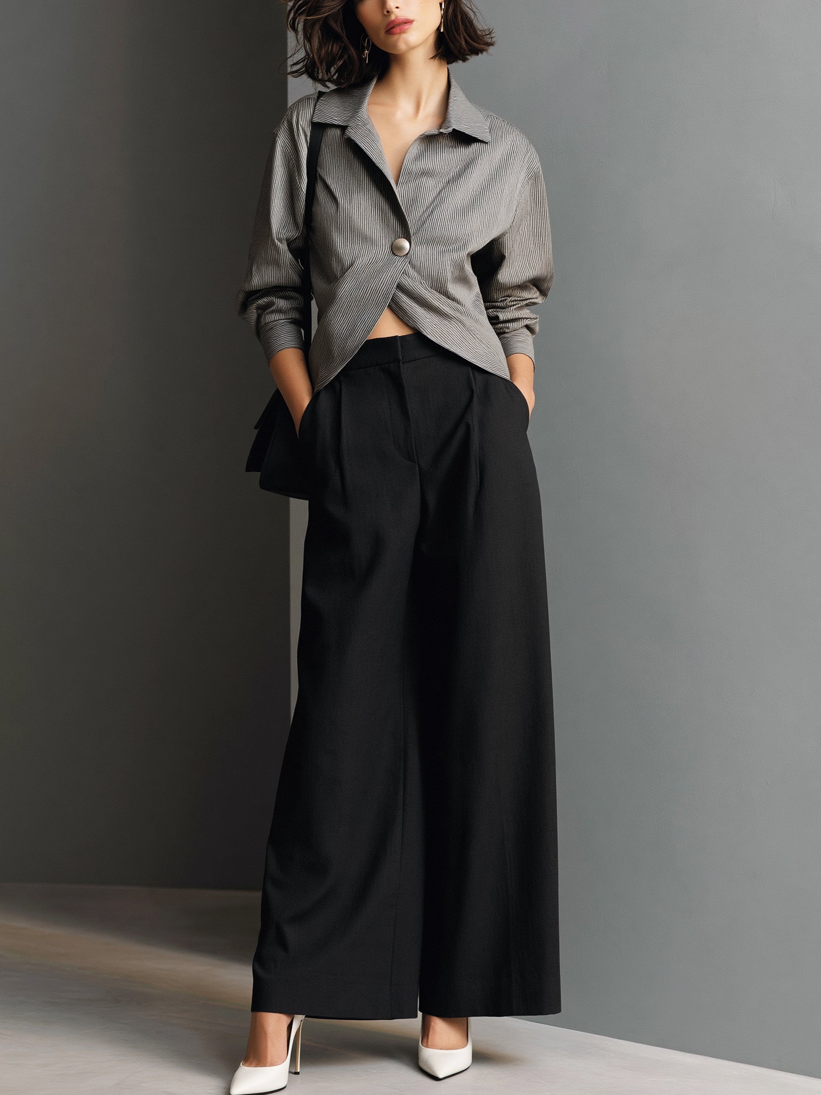 Liserie Tailored Grey Pinstripe Blouse & Black Wide Leg Trousers Casual Set