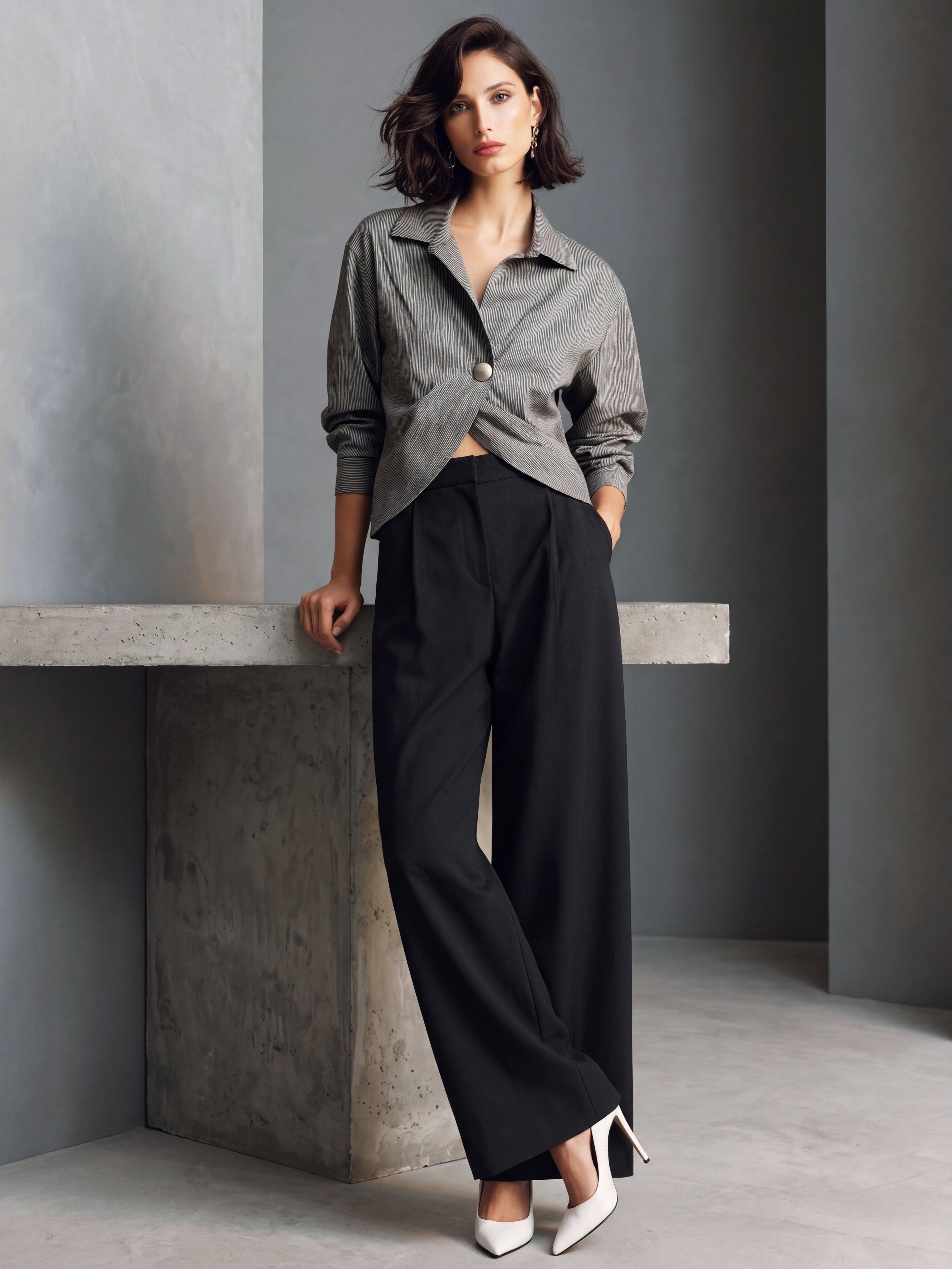 Liserie Tailored Grey Pinstripe Blouse & Black Wide Leg Trousers Casual Set