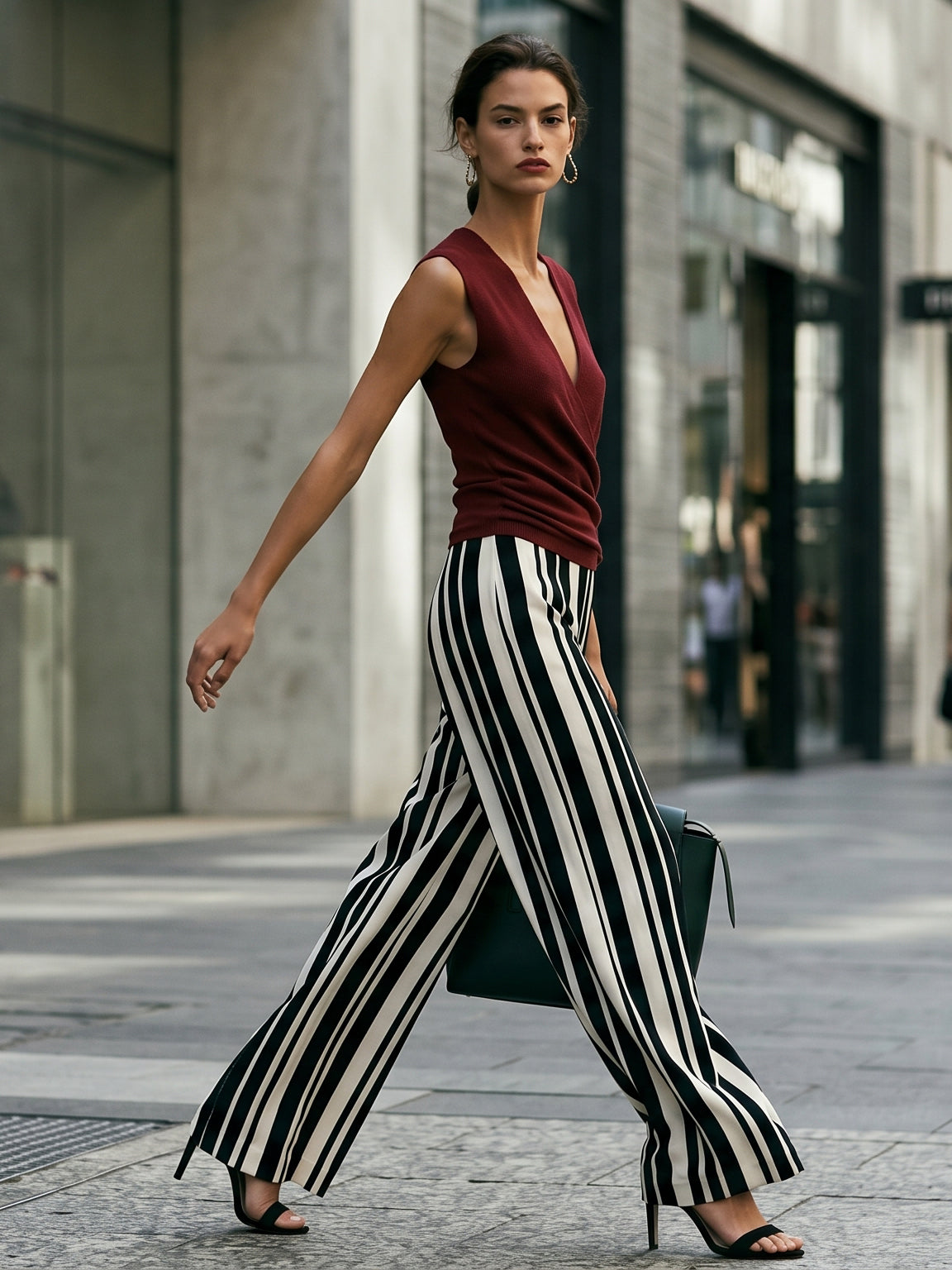 Liserie Elegant Deep Burgundy Wrap Knit Top & Striped Wide-Leg Pants Set