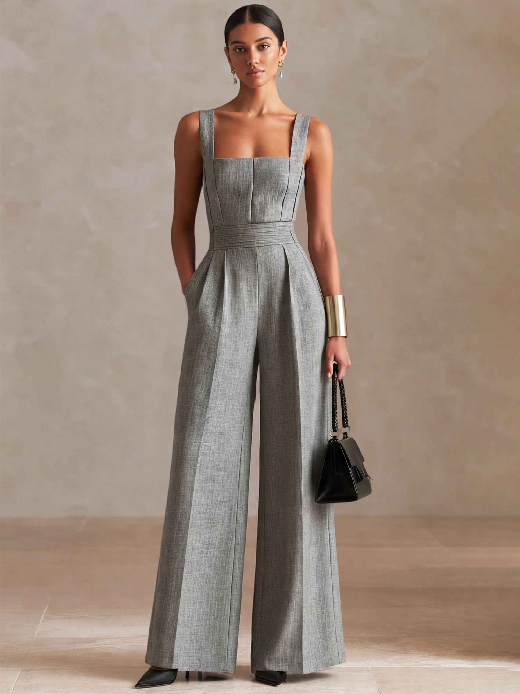 Liserie Linen Tailored Grey Jumpsuit With Pockets
