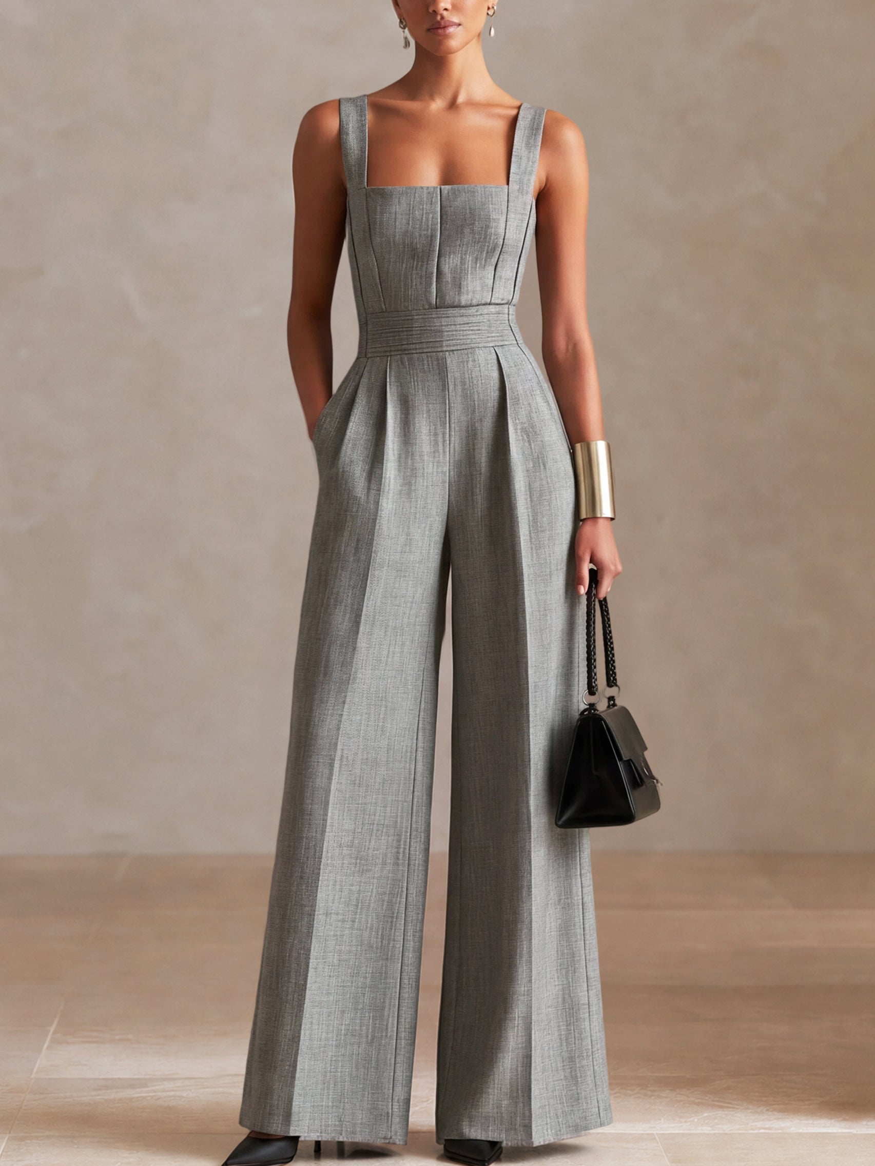 Liserie Linen Tailored Grey Jumpsuit With Pockets
