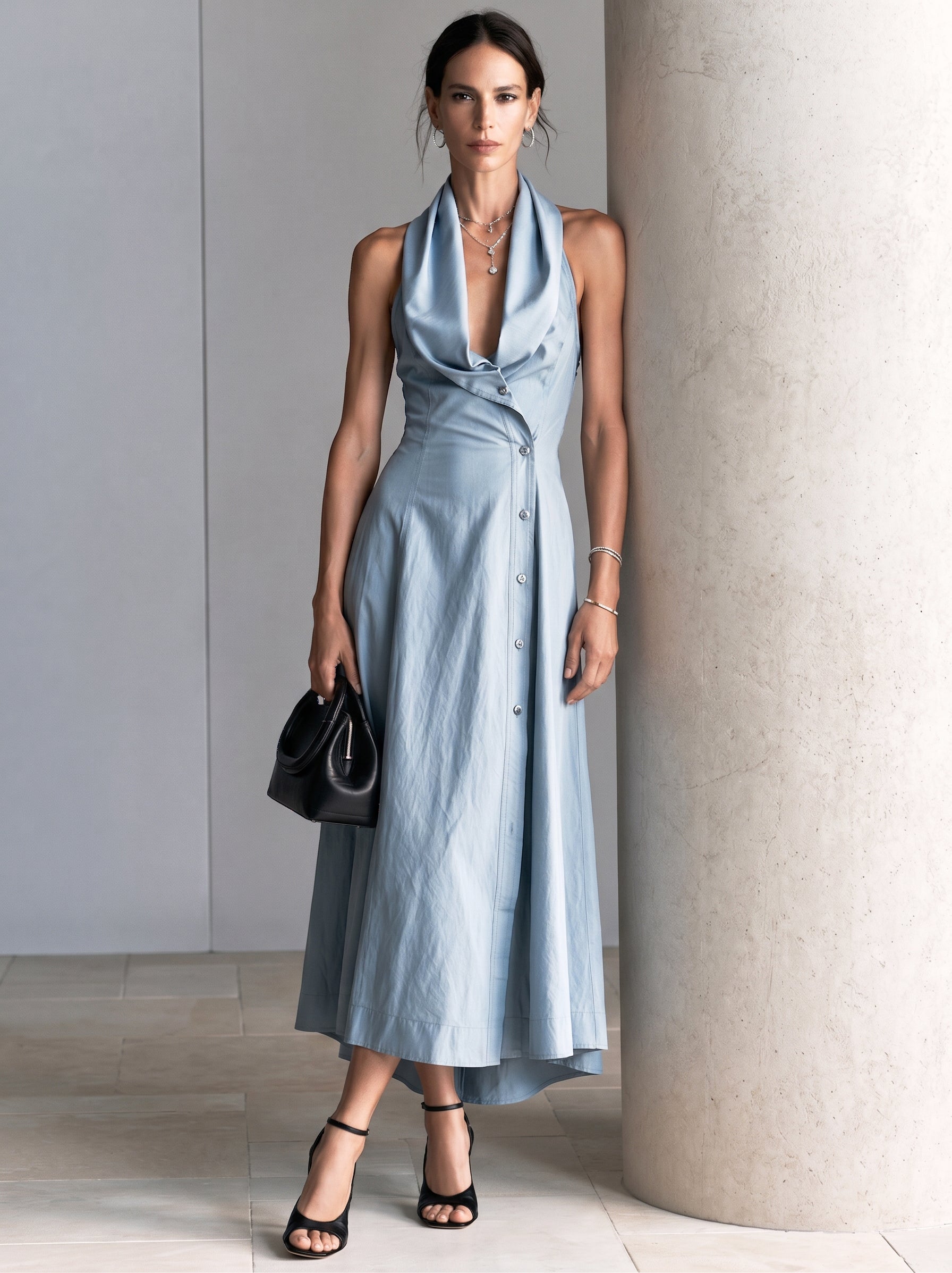 Liserie Elegant — Ice Mist Blue: Minimalist Backless Dress With Draped Neckline & Asymmetrical Placket