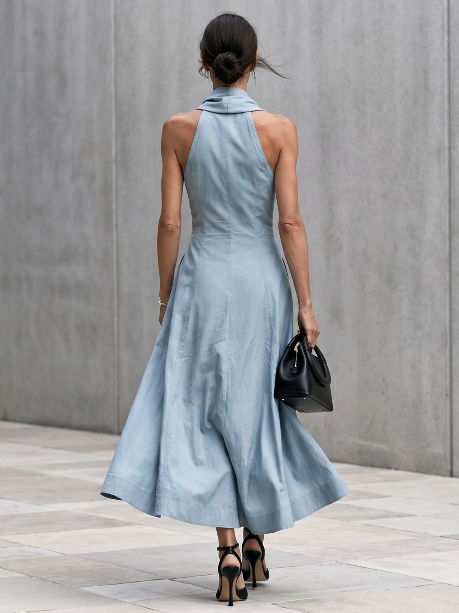 Liserie Elegant — Ice Mist Blue: Minimalist Backless Dress With Draped Neckline & Asymmetrical Placket