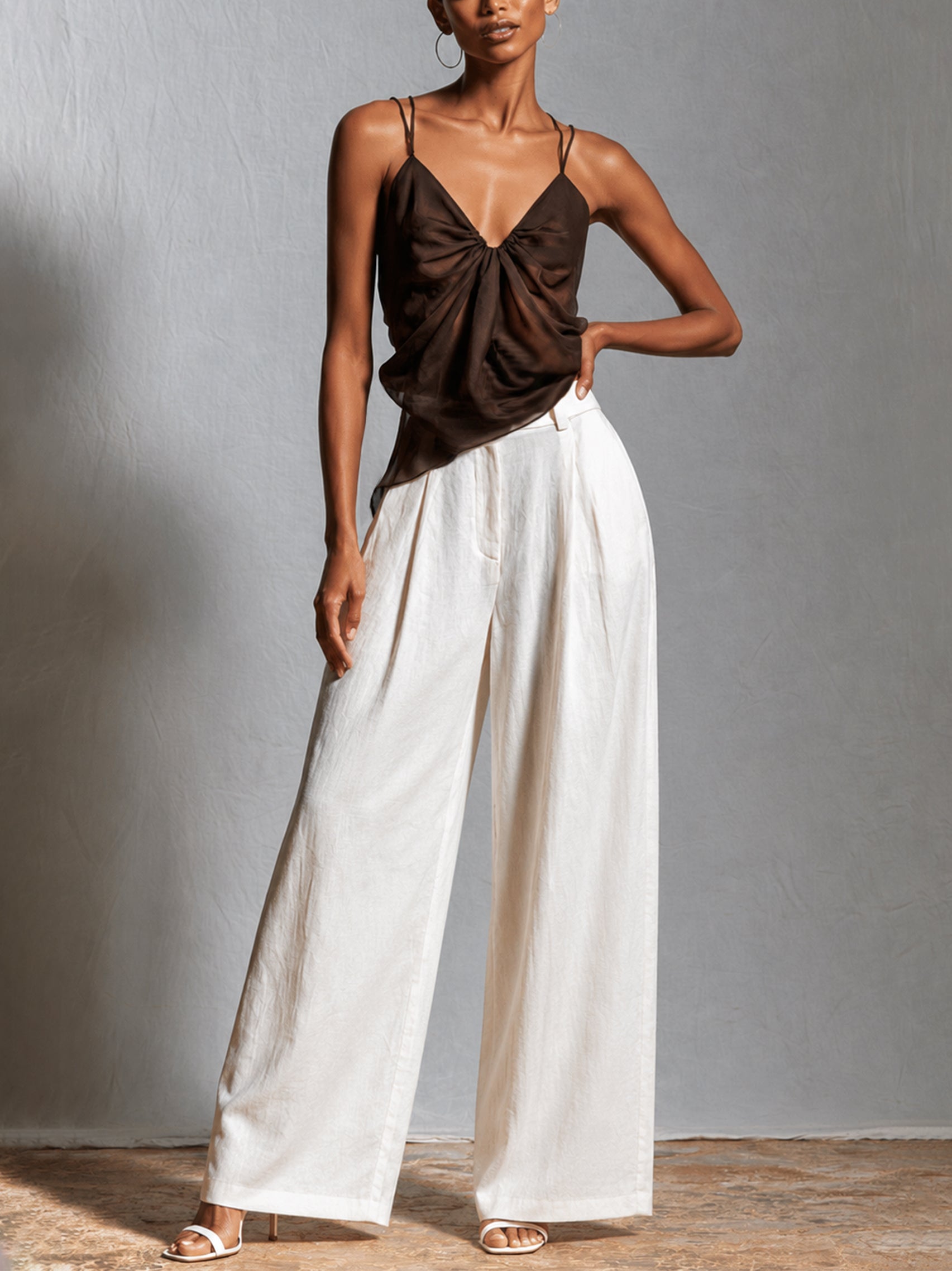 Liserie Chiffon Chocolate Cami Top & Linen White Wide Leg Pants Set