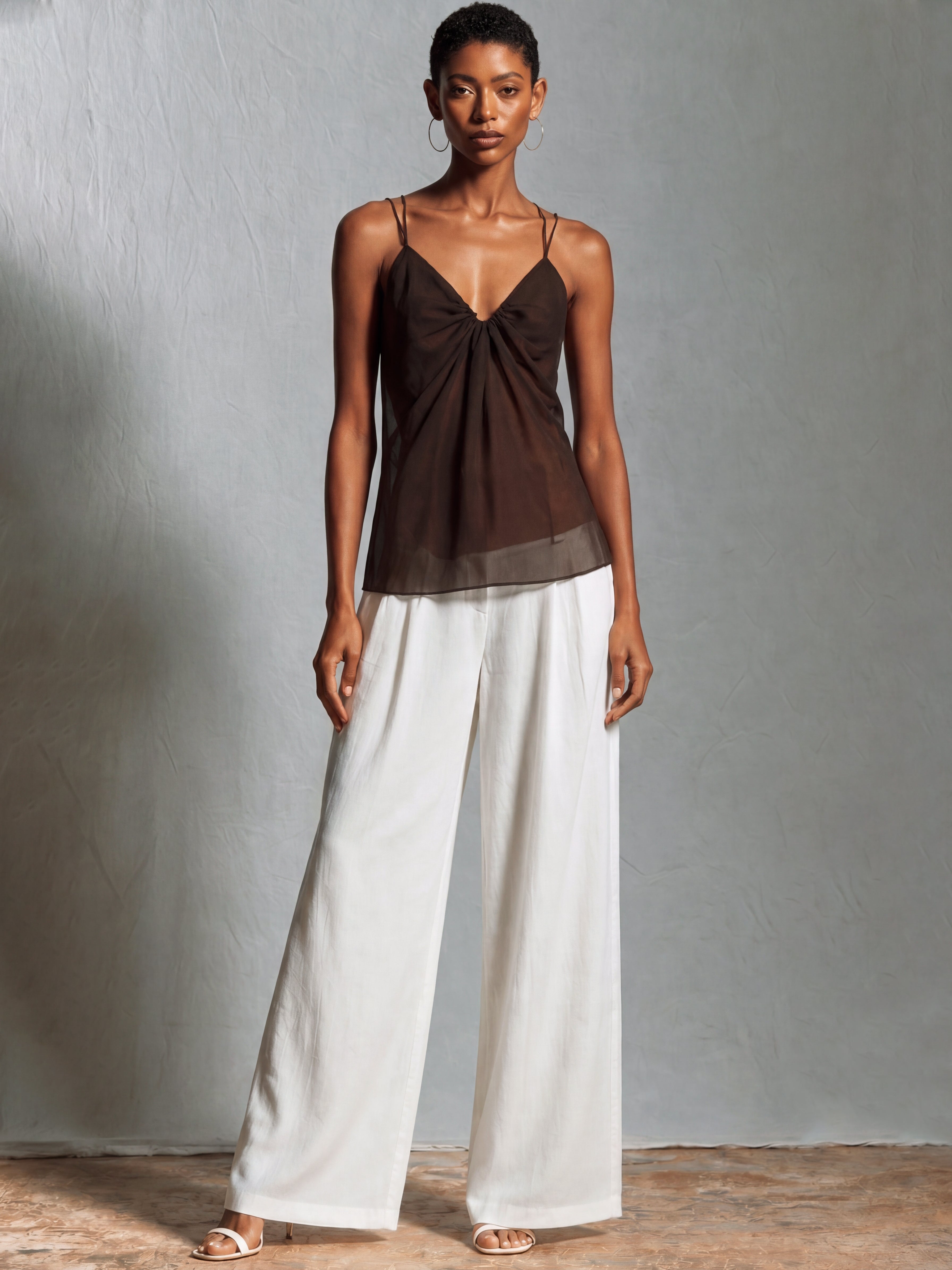 Liserie Chiffon Chocolate Cami Top & Linen White Wide Leg Pants Set