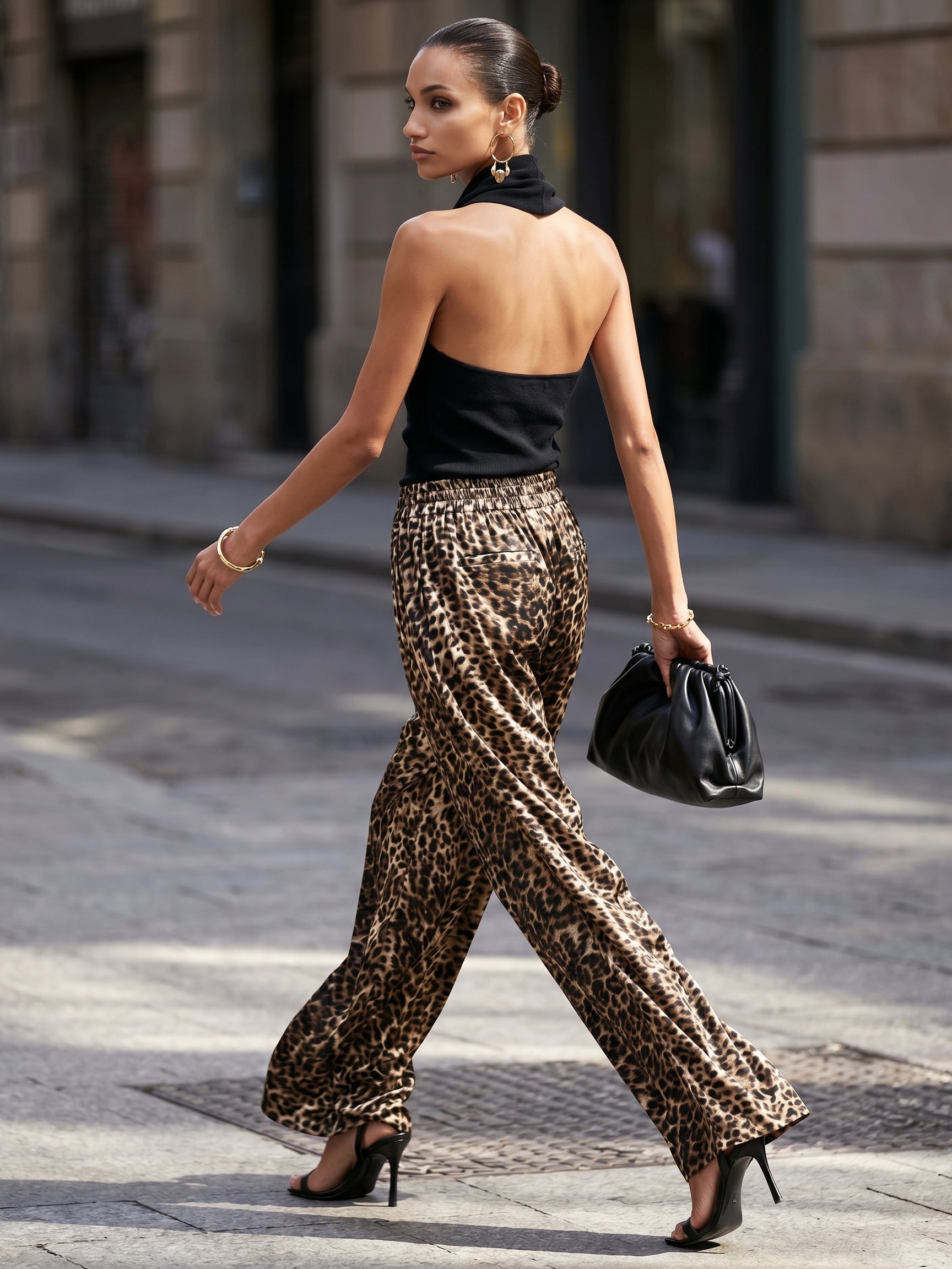 Liserie Leopard Print Satin Wide-Leg Trousers & Knitted Halter Top Set