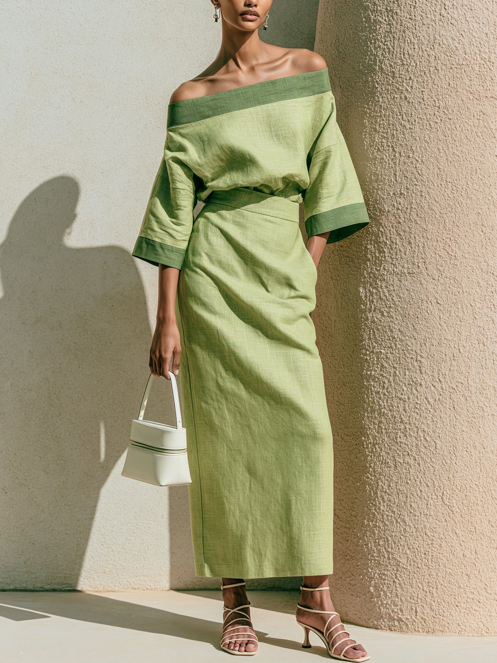 Liserie Linen Sage Green Two-Piece Co-Ord Off-Shoulder Top & Midi Skirt