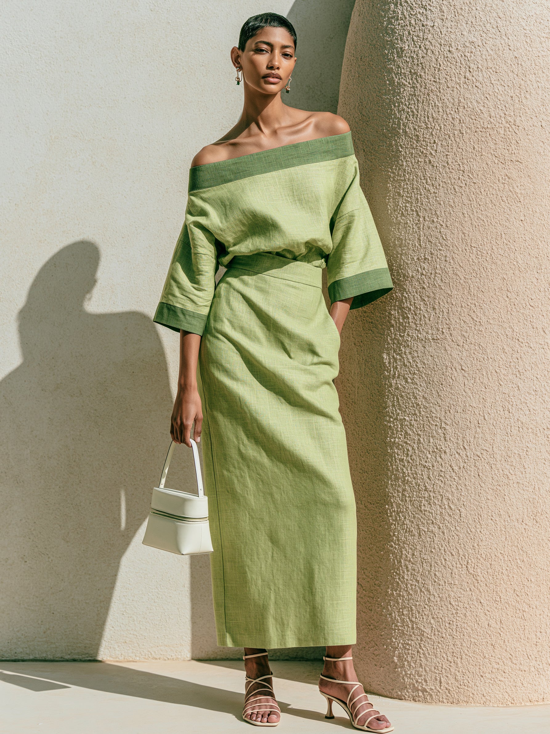 Liserie Linen Sage Green Two-Piece Co-Ord Off-Shoulder Top & Midi Skirt