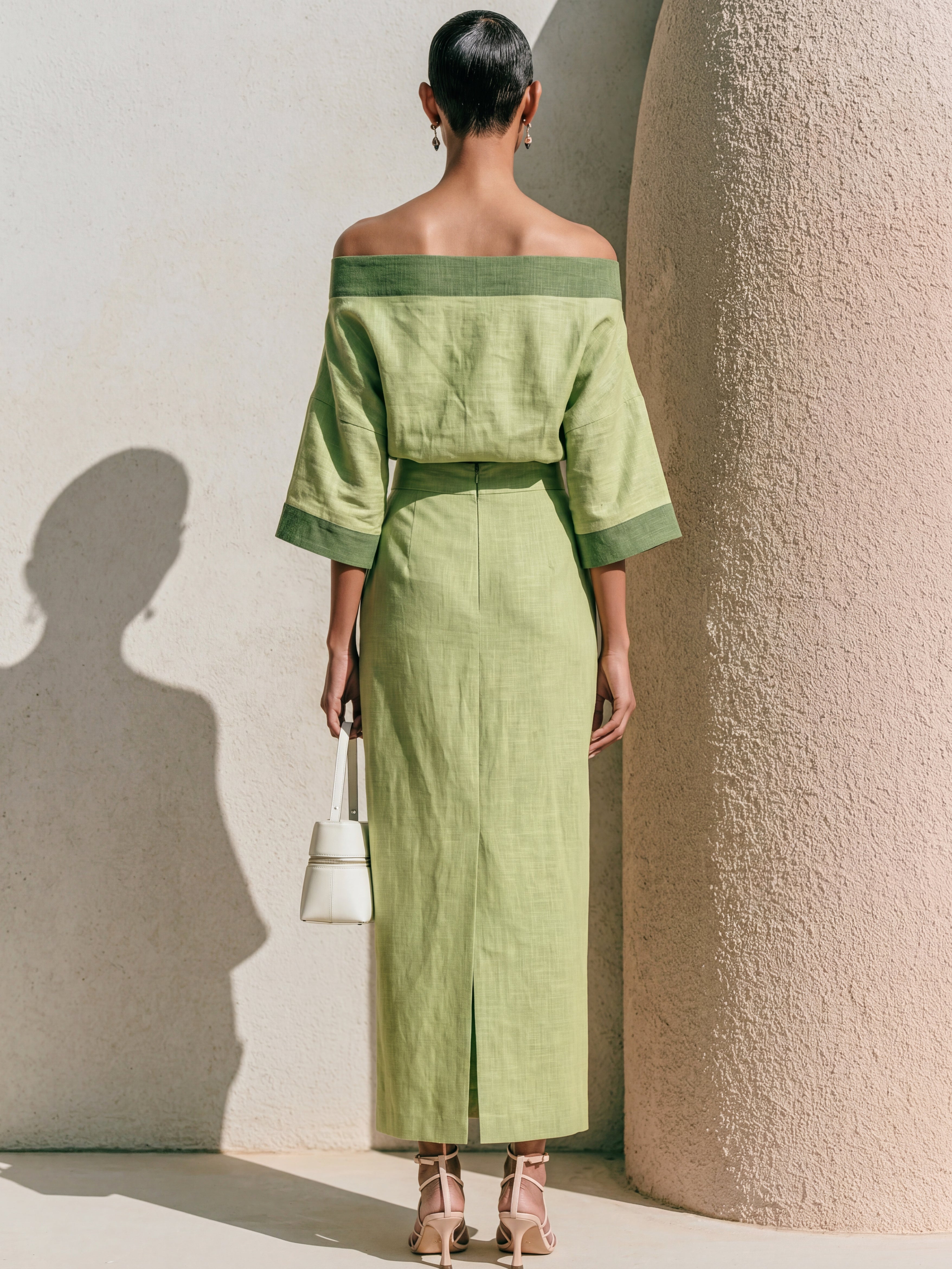 Liserie Linen Sage Green Two-Piece Co-Ord Off-Shoulder Top & Midi Skirt