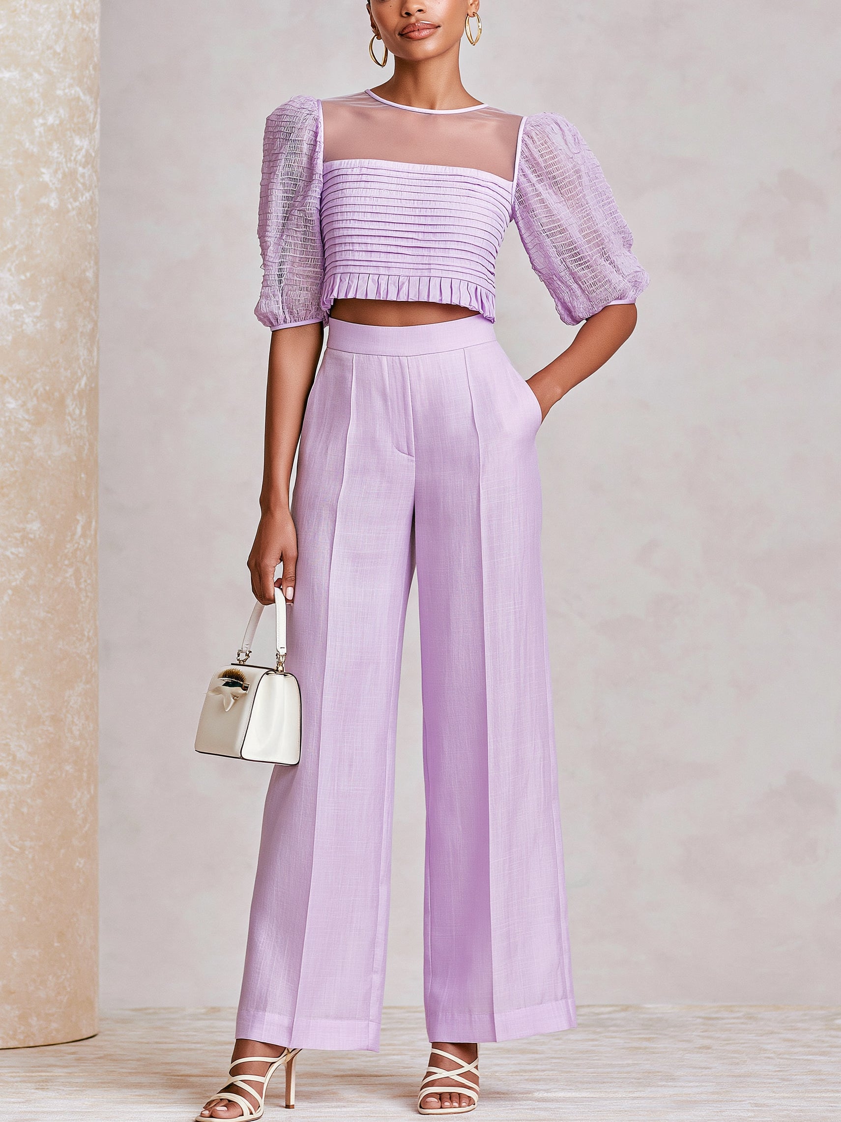 Liserie Heather Purple Two-Piece Set : Puff-Sleeve Top & Linen Wide Leg Pants