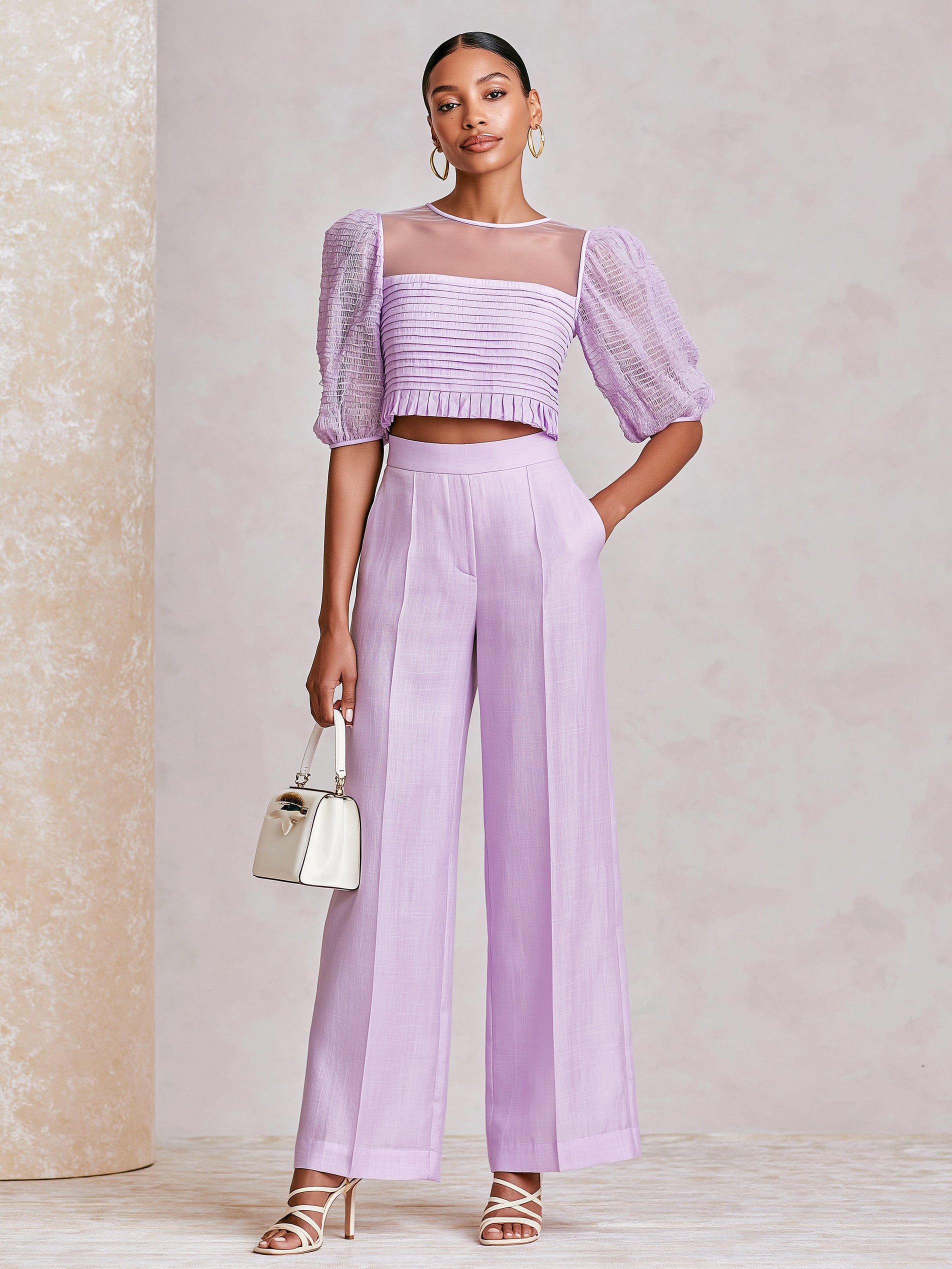 Liserie Heather Purple Two-Piece Set : Puff-Sleeve Top & Linen Wide Leg Pants