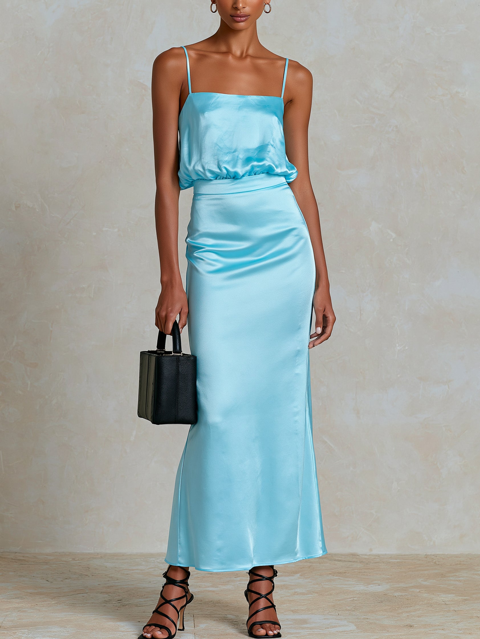 Liserie Light Blue Satin Two-Piece Set With Top & High-Waisted Slip Skirt