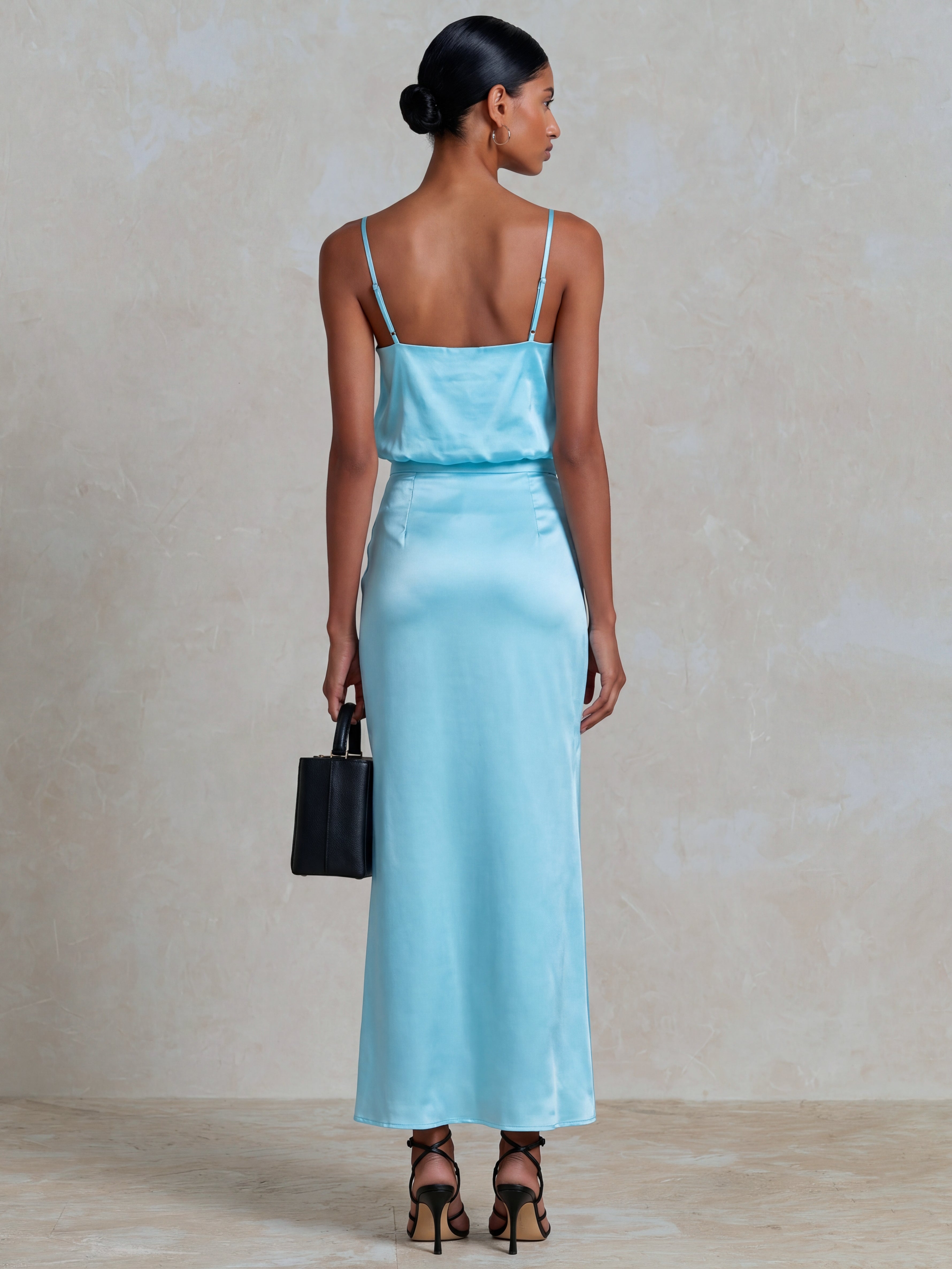 Liserie Light Blue Satin Two-Piece Set With Top & High-Waisted Slip Skirt