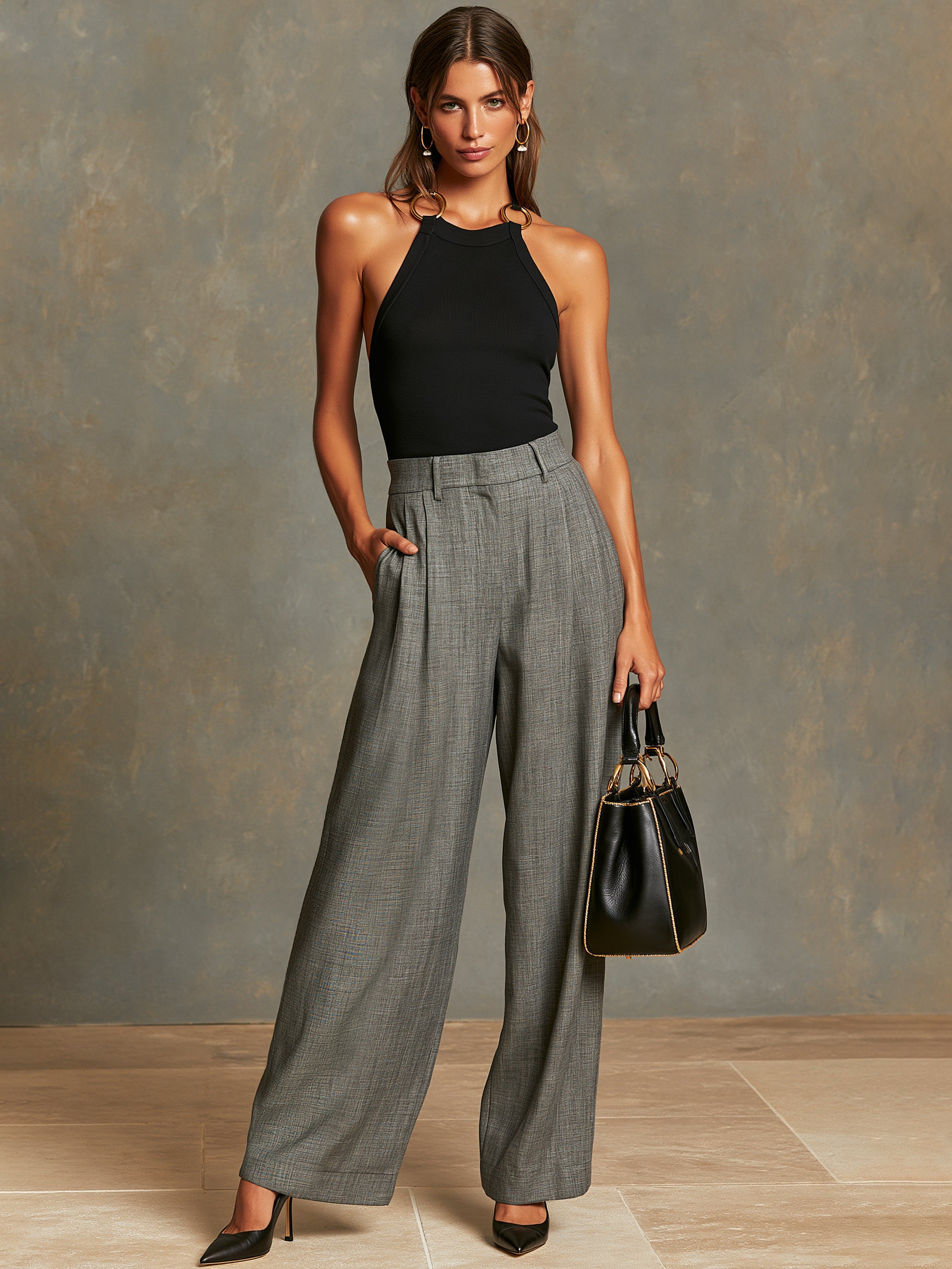 Liserie Black Ribbed Halter Top & High-Waisted Gray Wide Leg Trousers Set