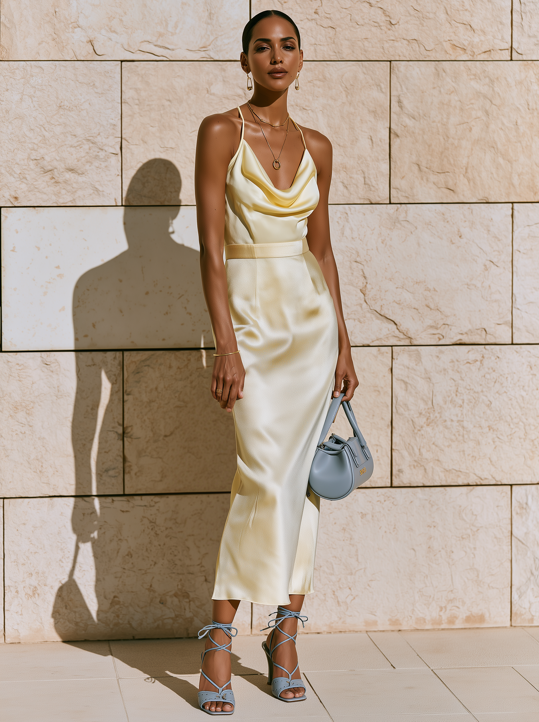 Liserie Soleil Butter-Yellow Satin Strappy Skirt Set