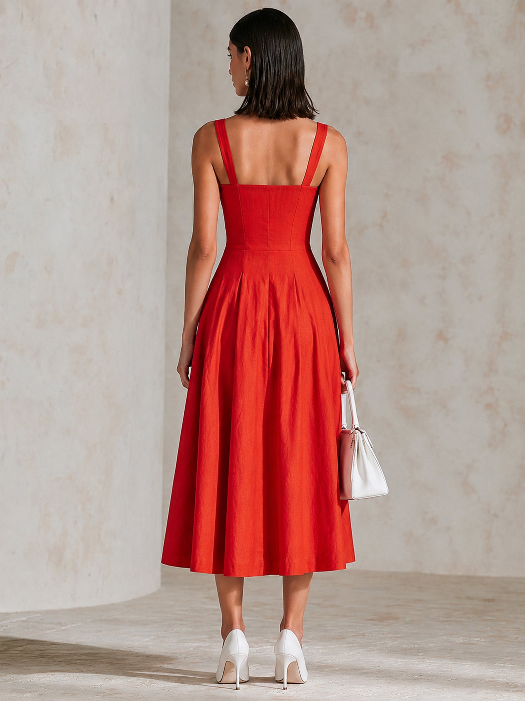 Liserie Vermilion Linen Button Wide Straps Midi Dress