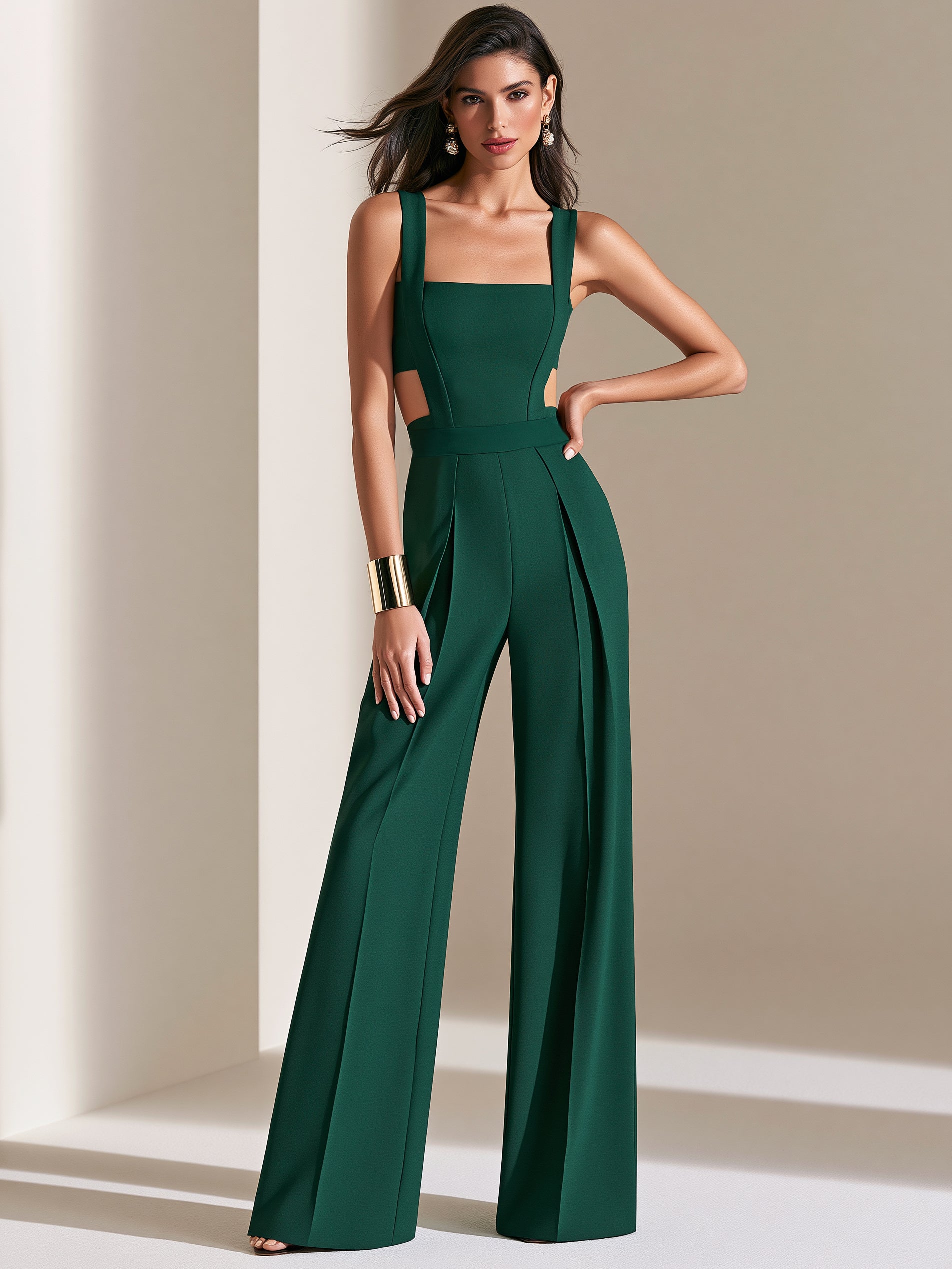 Liserie Tailored Forest Green Side Cutouts Wide Leg Jumpsuit