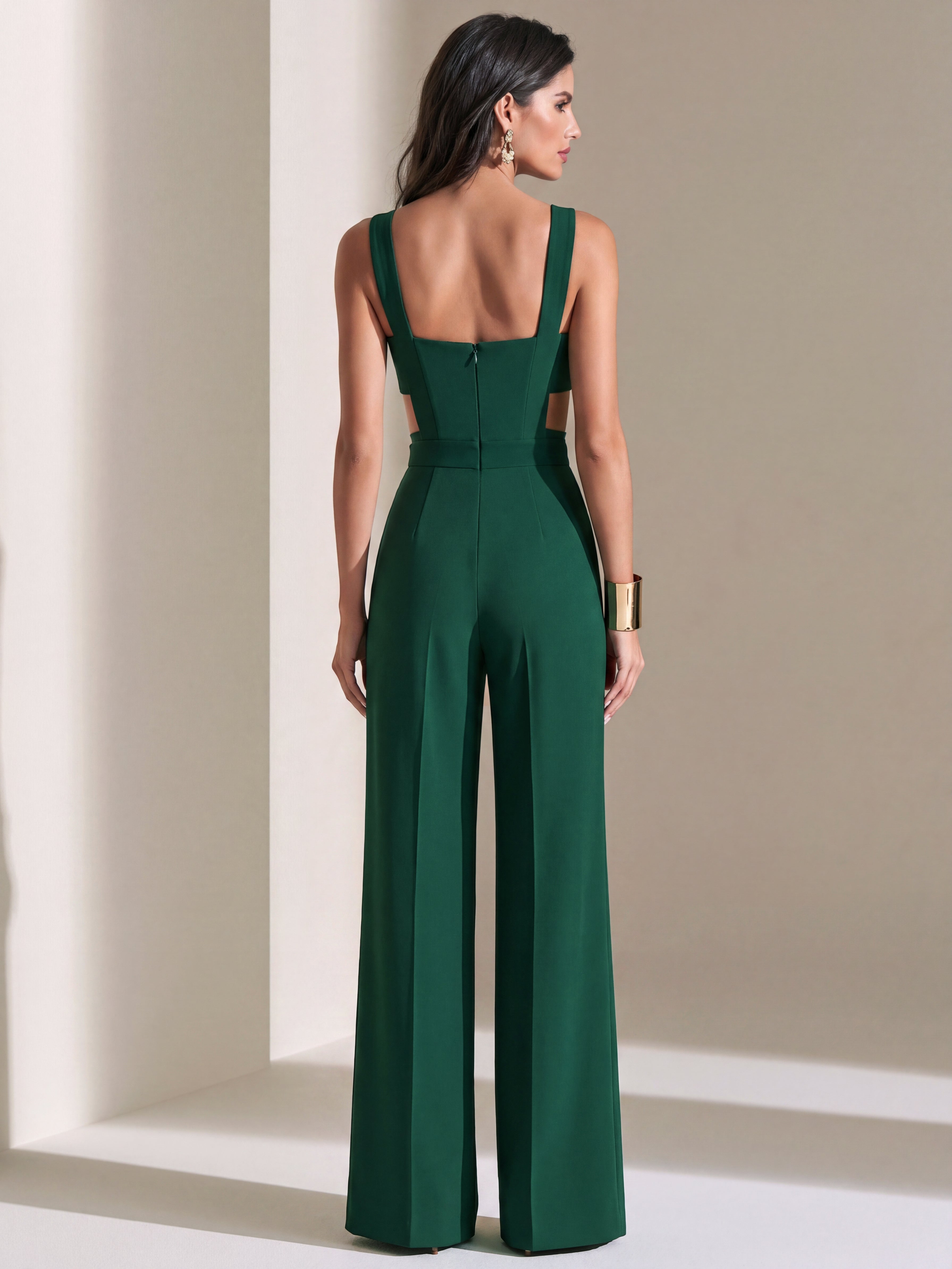 Liserie Tailored Forest Green Side Cutouts Wide Leg Jumpsuit