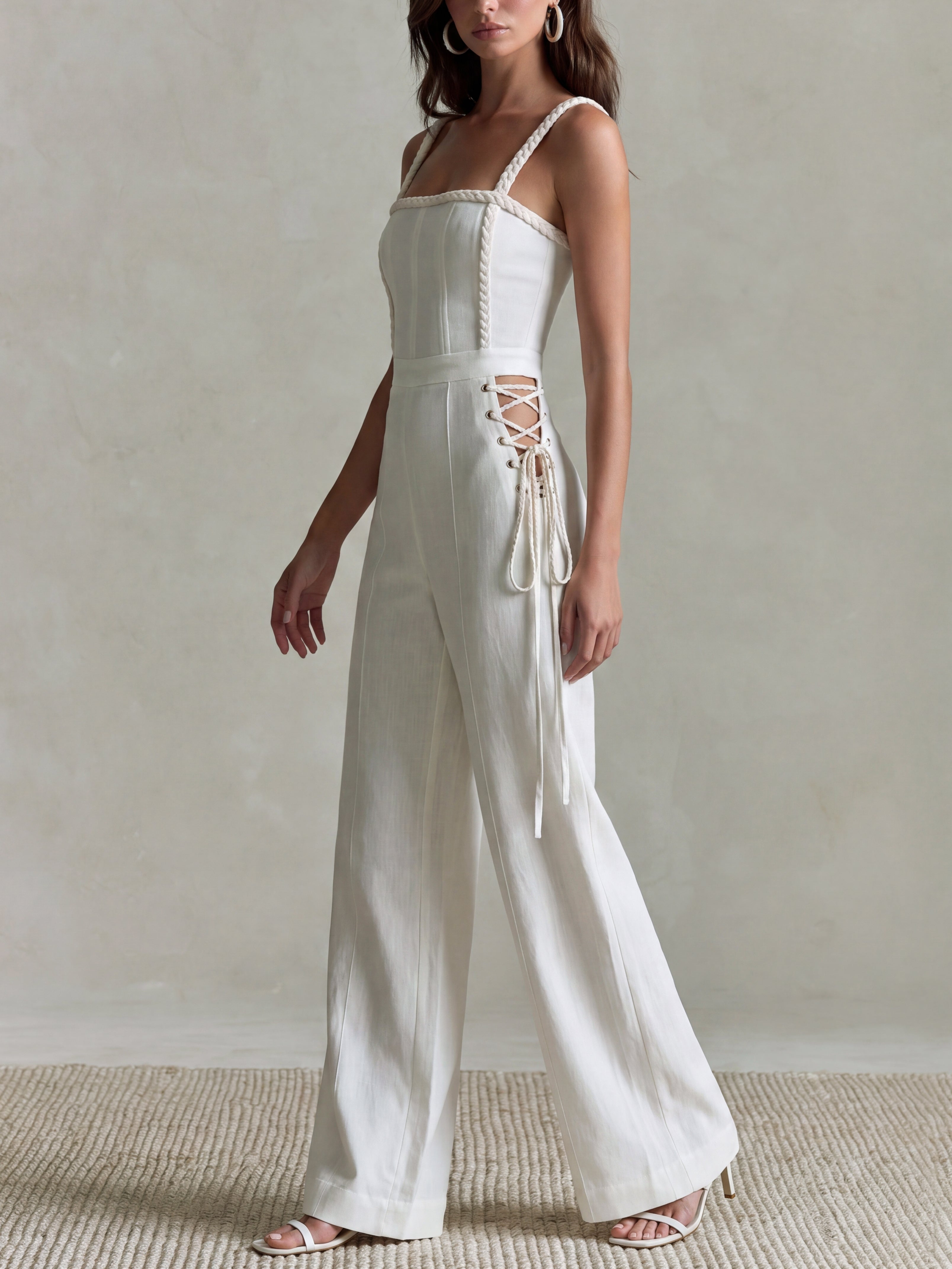 Liserie Ivory Linen Square-Neck Braided Straps Jumpsuit