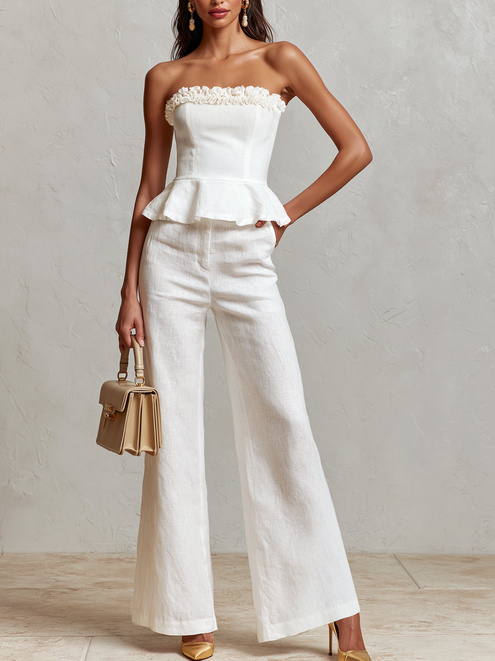 Liserie White Two-Piece Set:Ruffled Strapless Top & Wide Leg Trousers