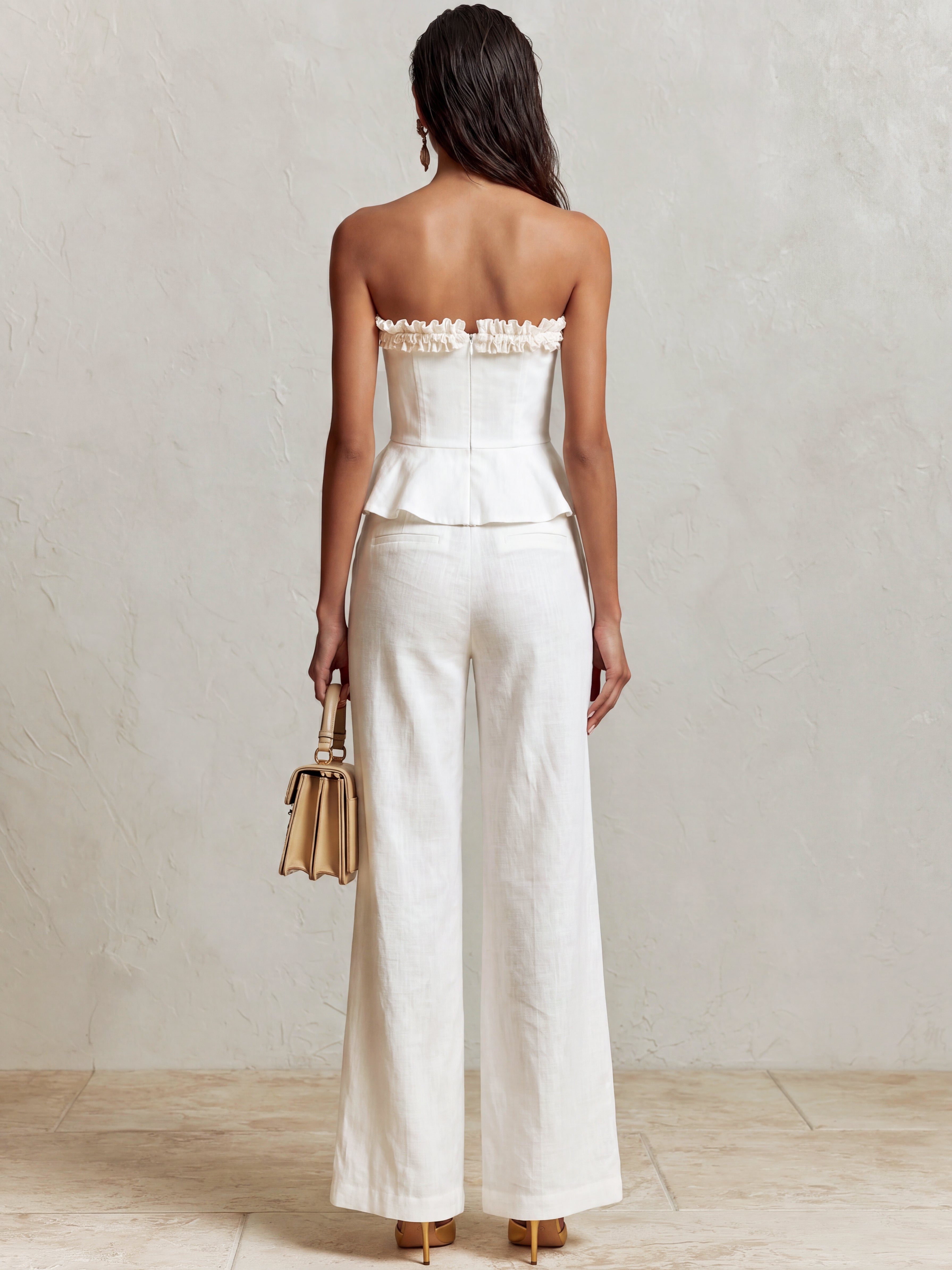 Liserie White Two-Piece Set:Ruffled Strapless Top & Wide Leg Trousers